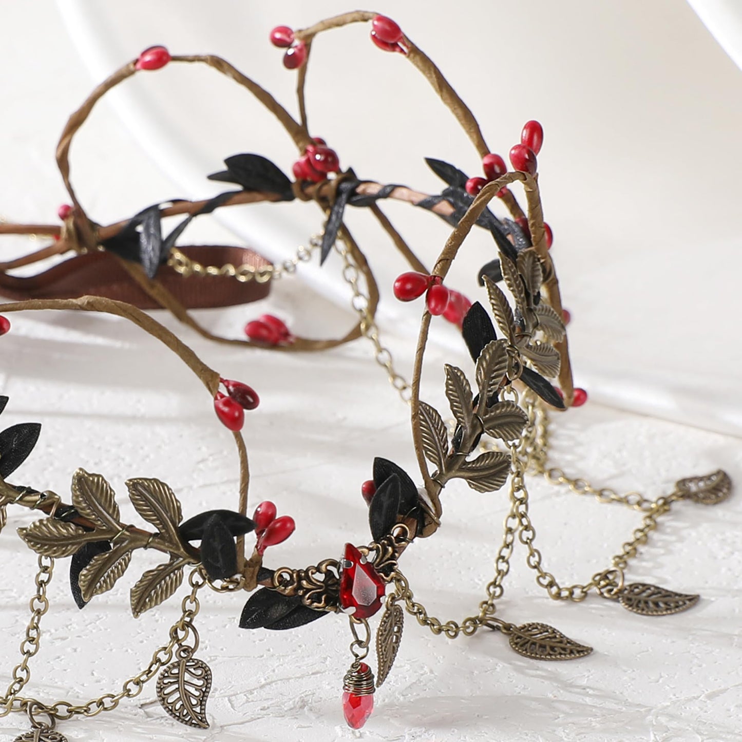 MOSTORY Gothic Flower Elf Crown - Dark Fairy Crown with Tassel for Vampire Accessories Women Witch Aesthetic, Medieval Elven Headpiece with Leaves for Renaissance Renfaire Cosplay