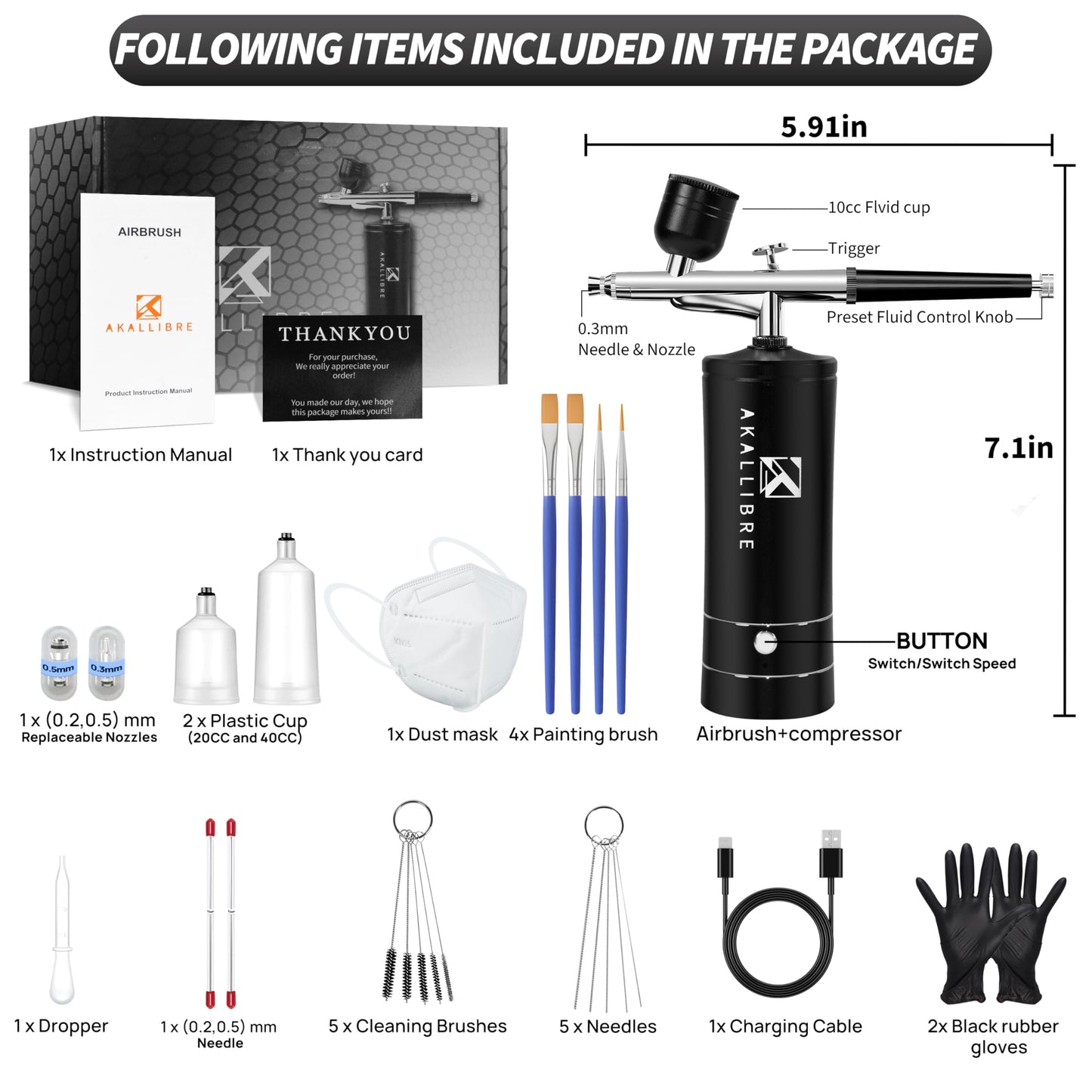 AKALLIBRE Airbrush Kit with Compressor, 48PSI High-Pressure Non-Clogging Airbrush Gun with 0.2/0.3/0.5mm Nozzles, Portable Airbrush for Nails Art, Cake Decoration, Painting etc. (Black)