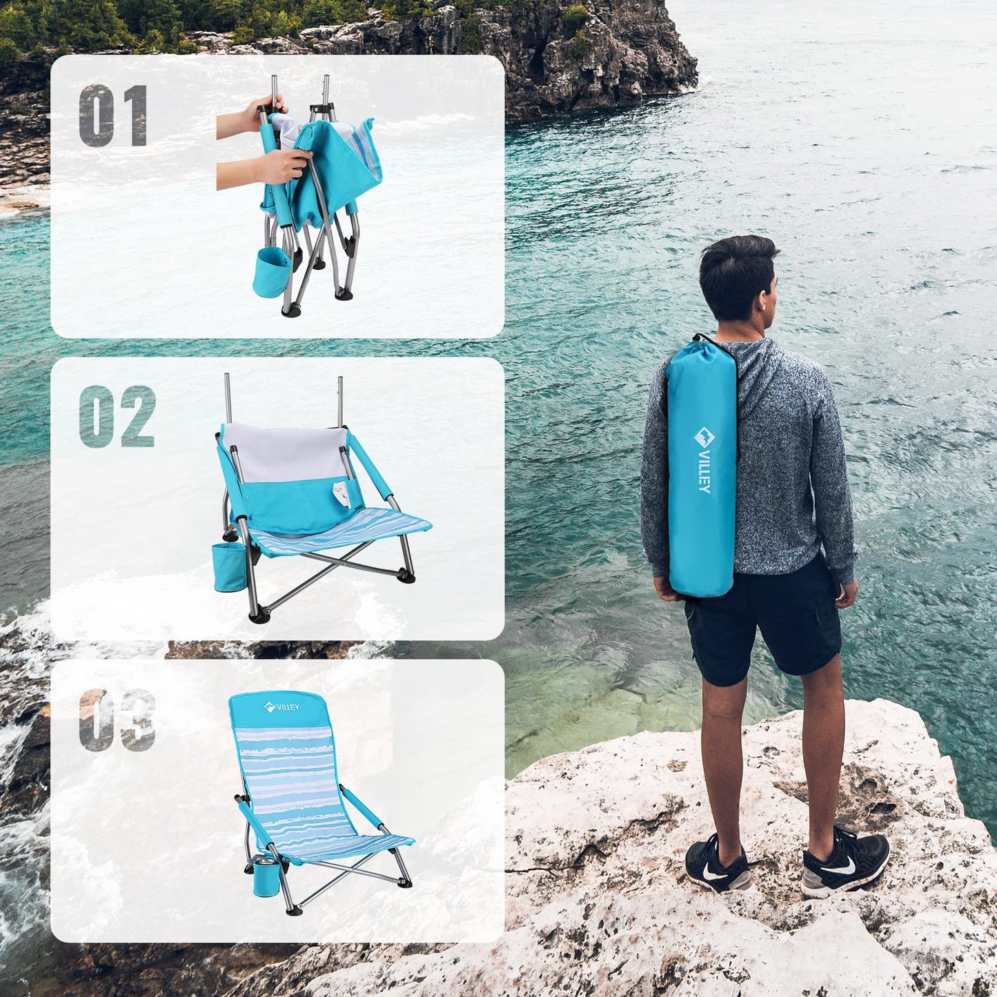 VILLEY Low Beach Chairs for Adults 2 Pack, High Back Folding Beach Chairs, Lightweight and Portable for Outdoor, Beach, Camping, Lawn, Music Festival, with Cup Holder and Carry Bag-Blue Stripes