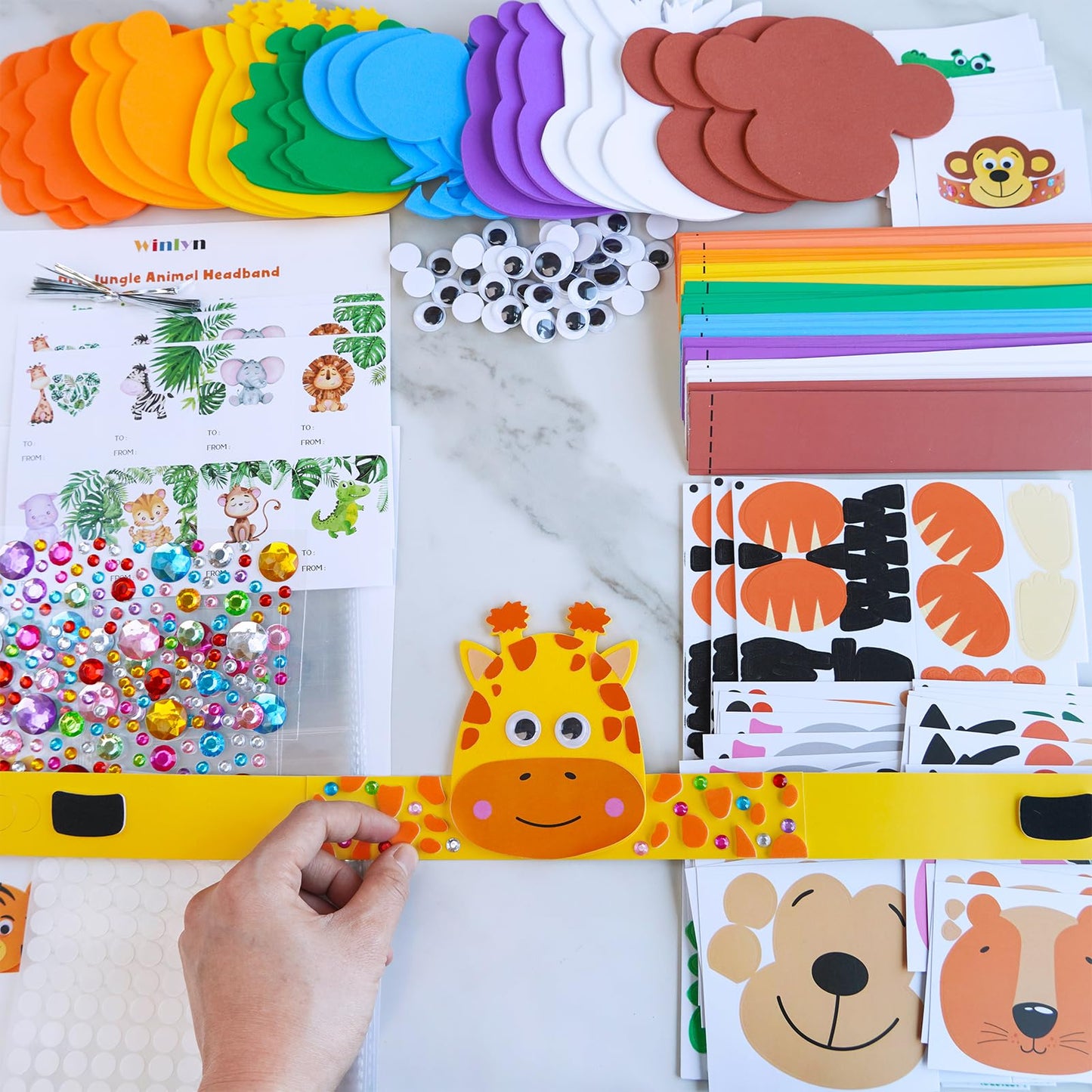 Winlyn 24 Sets Jungle Animal Headbands Craft Kits Safari Crown Art Sets DIY Zoo Party Headbands Foam Stickers Arts and Crafts for Kids Jungle Safari Birthday Activities Party Favors Decorations