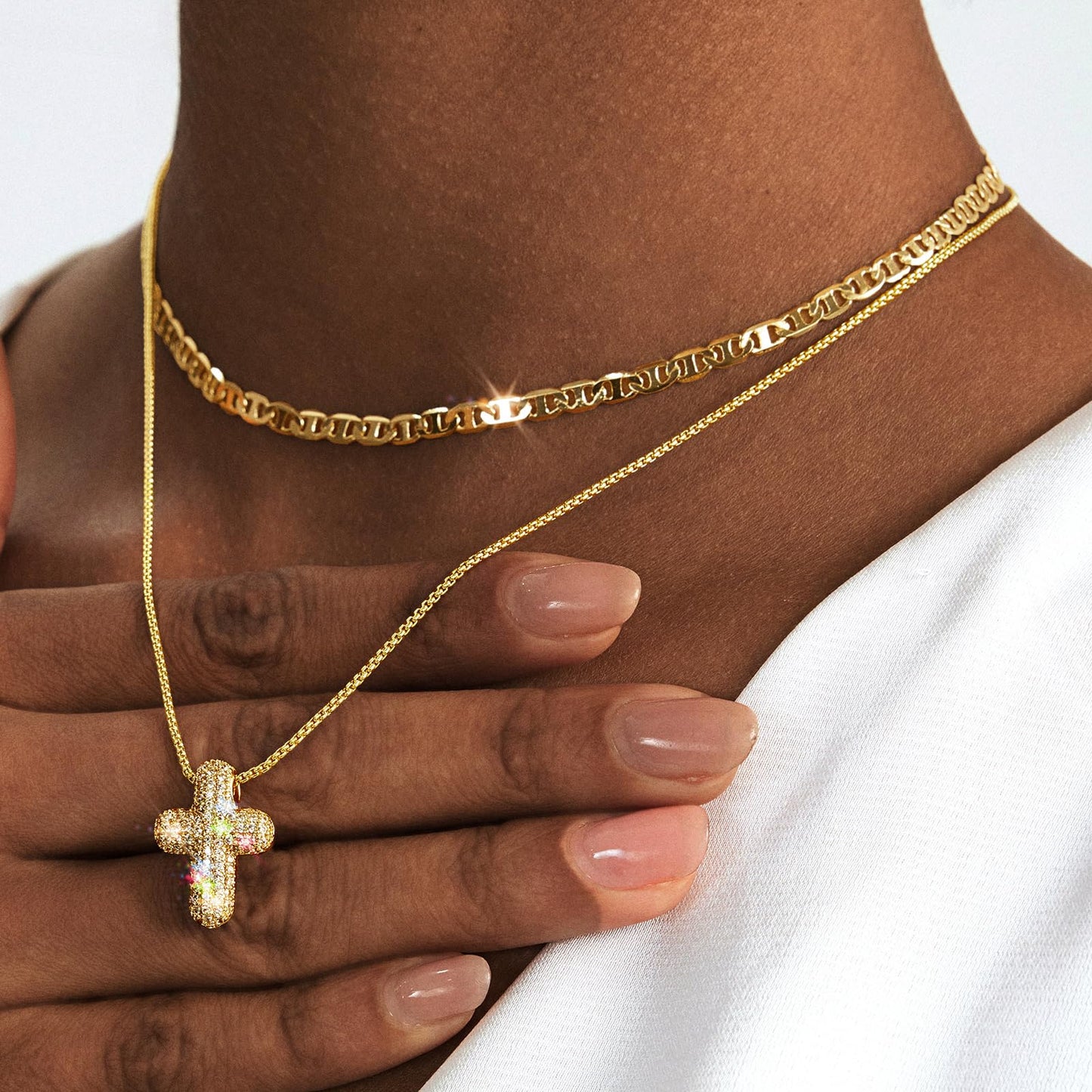 OGD Layered Gold Necklaces for Women 14k Gold Plated Cross Necklace for Women Stackable Stacked Stacking Dainty Gold Necklace Mariner Chain Necklace CZ Cross Pendant Necklaces Set Simple Jewelry Gift