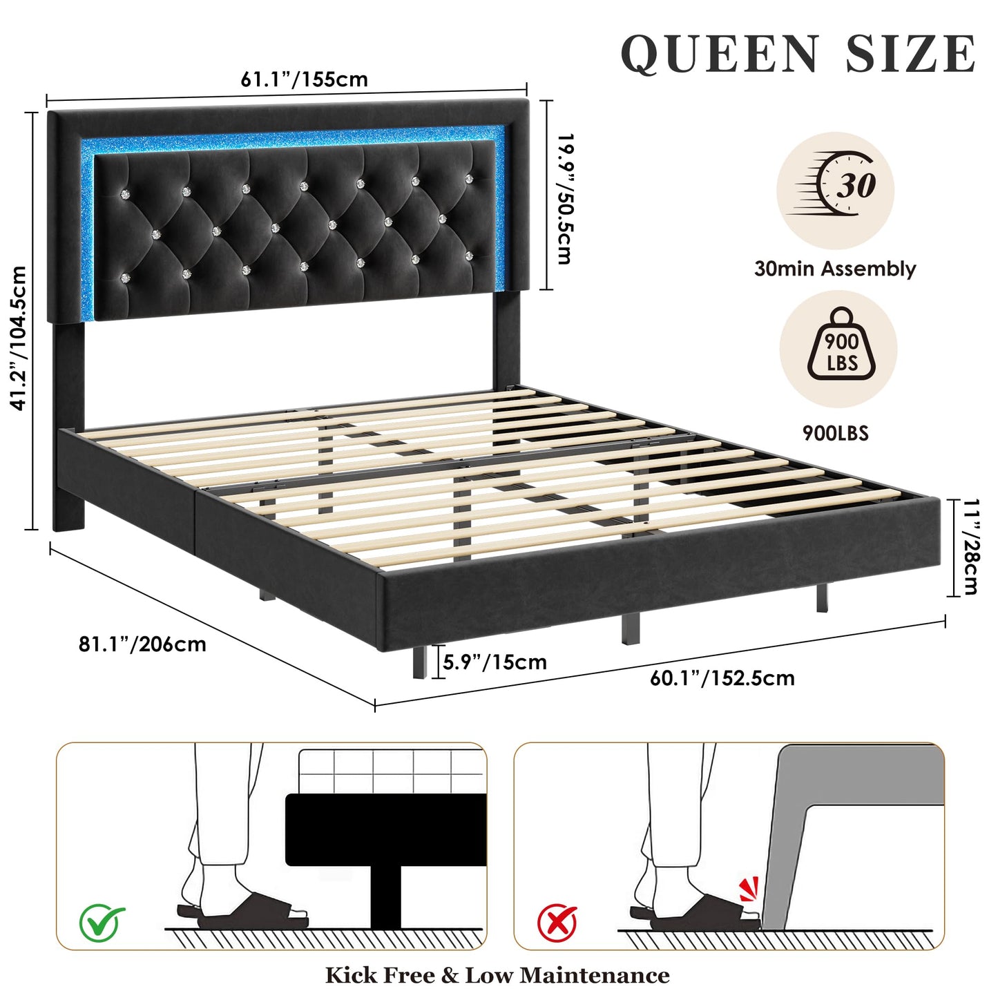 Garvee Floating Bed Frame Queen Size with Smart Led Lights, Upholstered Platform Bed with Diamond Headboard, Solid Wood Slats Support, No Box Spring Needed, Noise-Free, Easy Assembly, Black