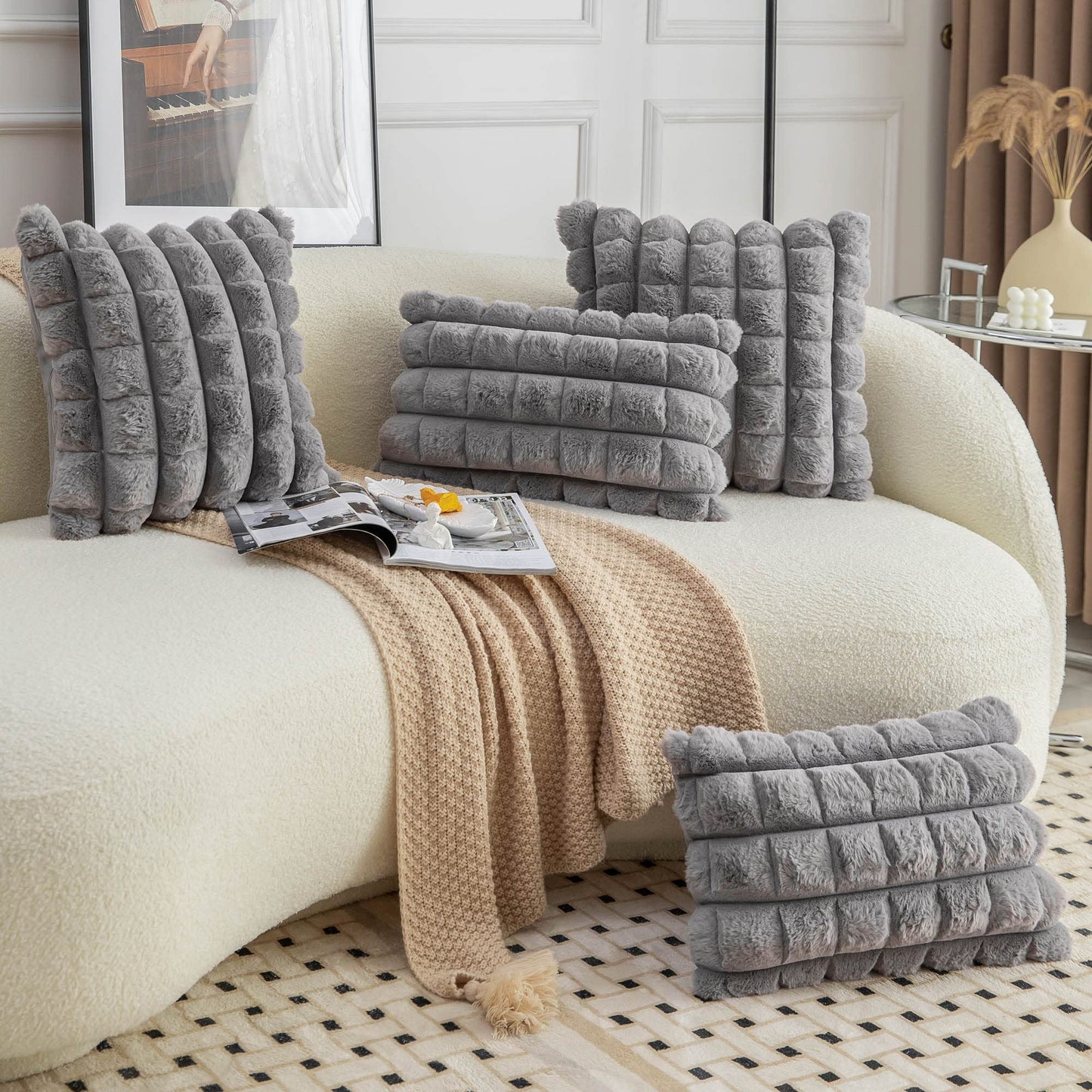 Neelvin Grey Faux Fur Cozy Soft Plaid Decorative Throw Pillow Covers 18x18 inch Set of 2,Velvet Pillowcase Cushion Case for Sofa Couch