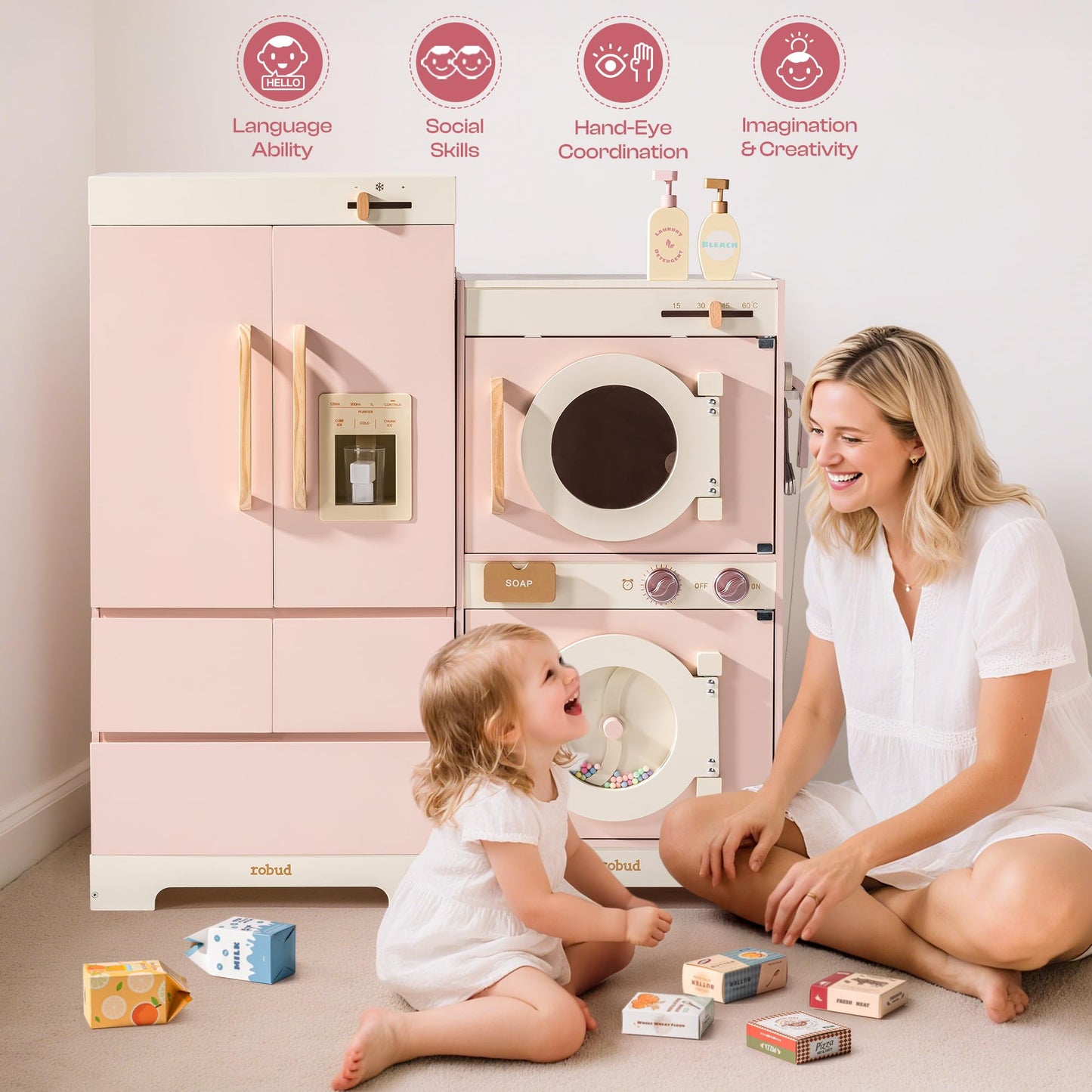 ROBUD Wooden Play Kitchen, Kids Kitchen Playset, Toy Kitchen Set with Fridge, Washing Machine, Dishwasher Toddlers Kitchen Playset Gift for Boys & Girls, Age 3+ (Pink)