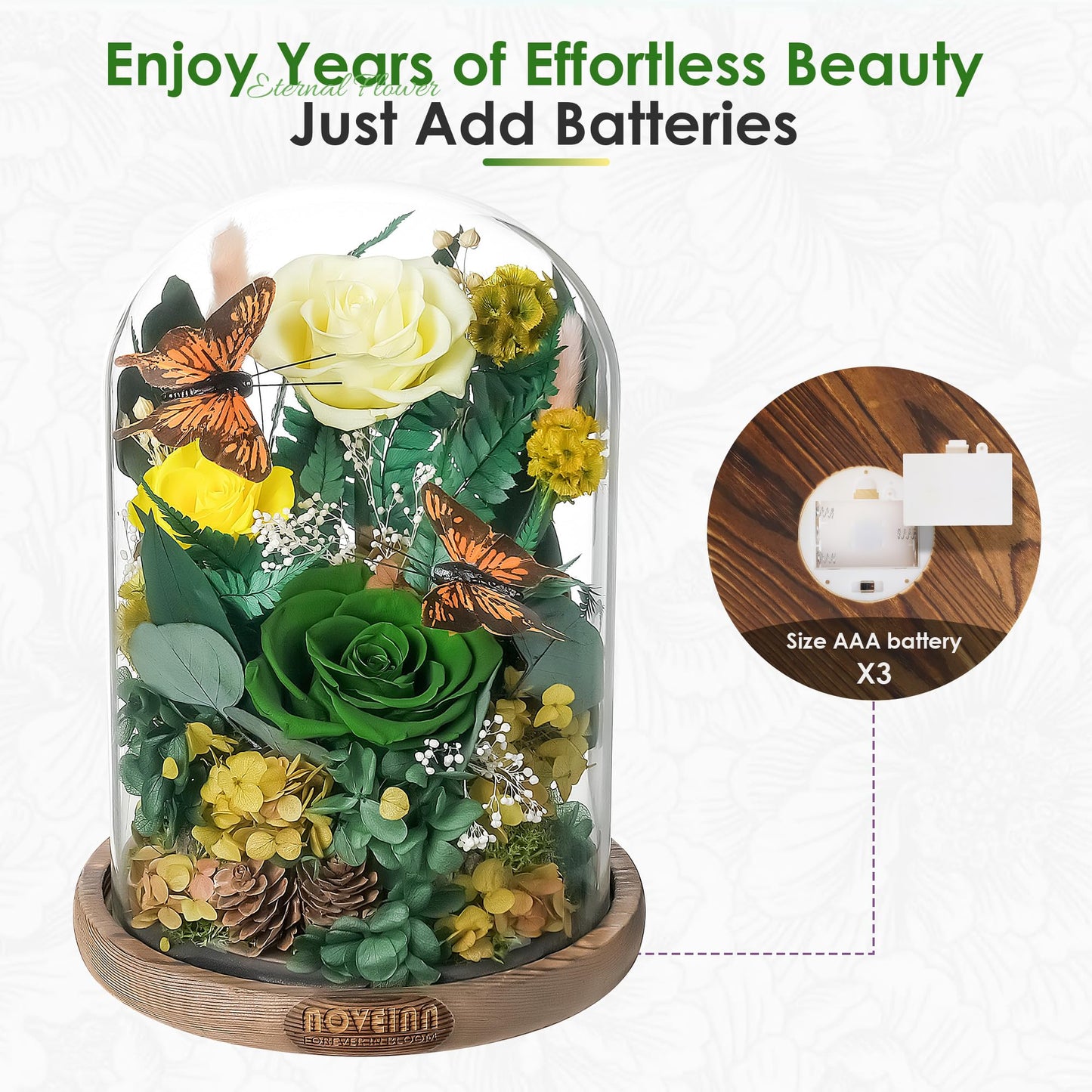 NOVEINN Preserved Flowers in Glass Dome - Eternal Rose Arrangement with Real Preserved Plants, Romantic Forever Rose Gift for Women - Anniversary, Birthday, Mother’s Day, Home Decor(Yellow)