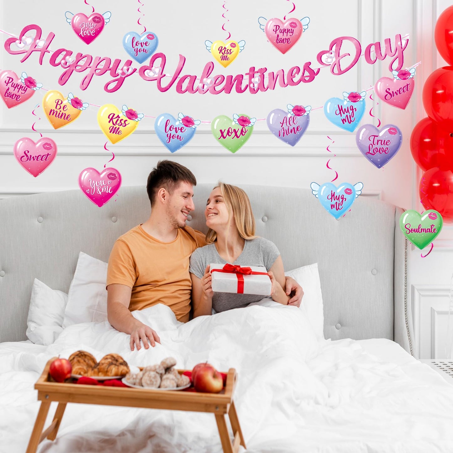 56 Pcs Valentines Party Decorations Kit, Happy Valentine’s Day Banners Hanging Swirls and 30 Pcs DIY Selfie Photo Props Party Supplies, for Wedding Party Home Office Ornaments