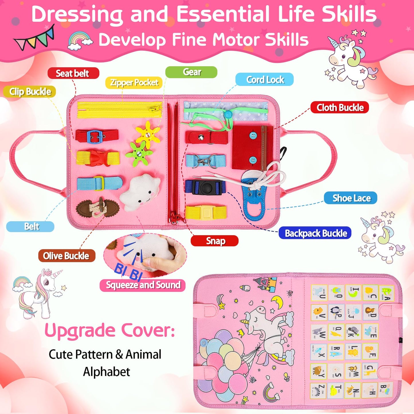 Esjay Toddler Busy Board Montessori Toys for Girls, Sensory Book Educational Activities for Learning Fine Motor Skills, Birthday Gifts for Girls Toddlers, Travel Toys for Airplane Car, Fairy Horse