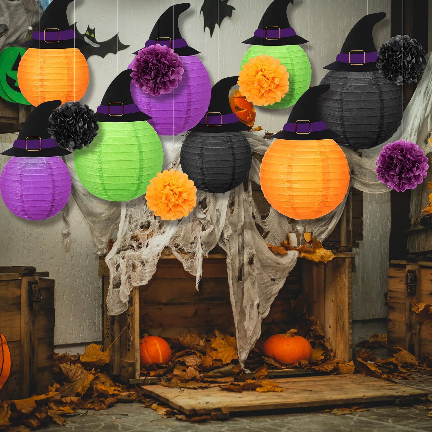 Retisee 18 Pcs Halloween Paper Lanterns Halloween Hanging Decorations Hanging Paper Lanterns with Witch Hat for Festival Indoor Outdoor Spooky Home Decor Party Supplies Props
