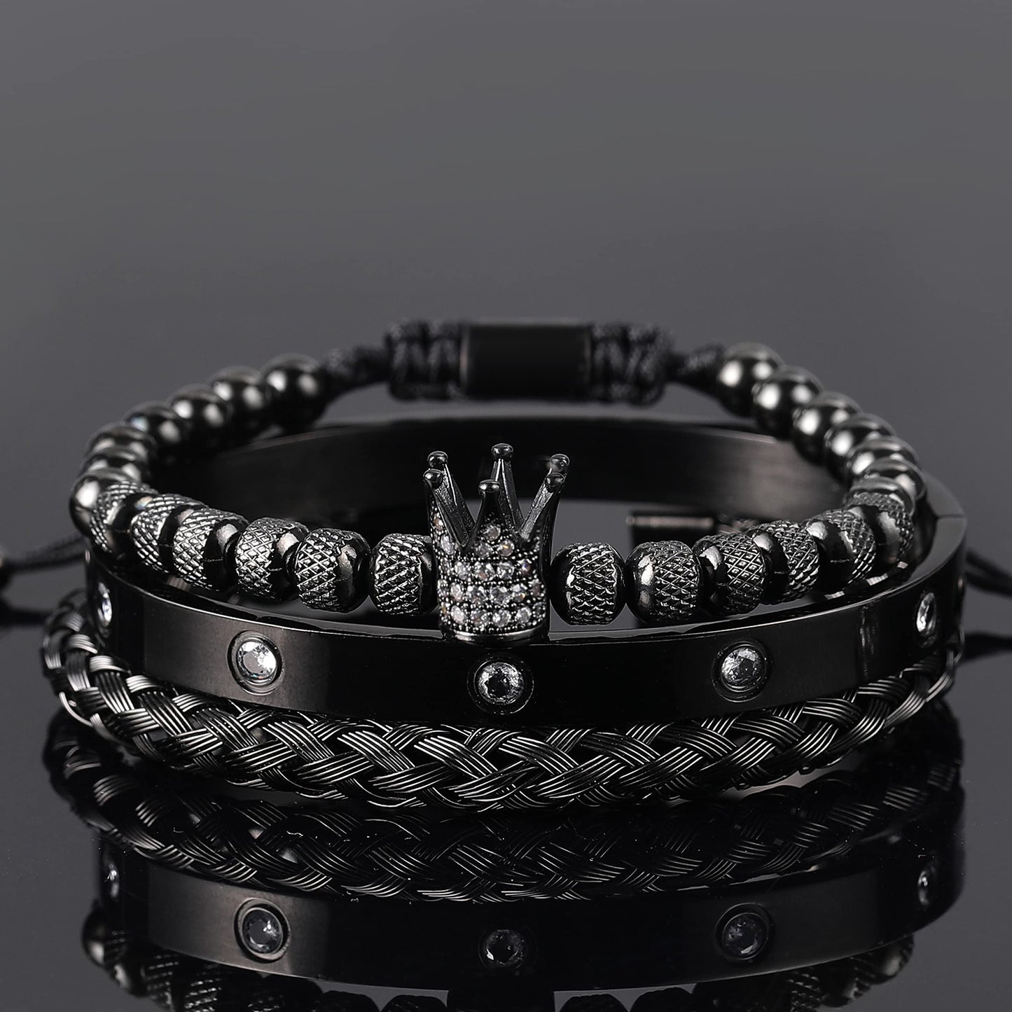 WFYOU 3PCS Stainless Steel Bracelets for Men Gold Roman Numeral Bangle Bracelet Twisted Cable Bracelet Adjustable Cuff Bracelet Mens Luxury Jewelry Bracelets Gifts(CZ Crown Black)