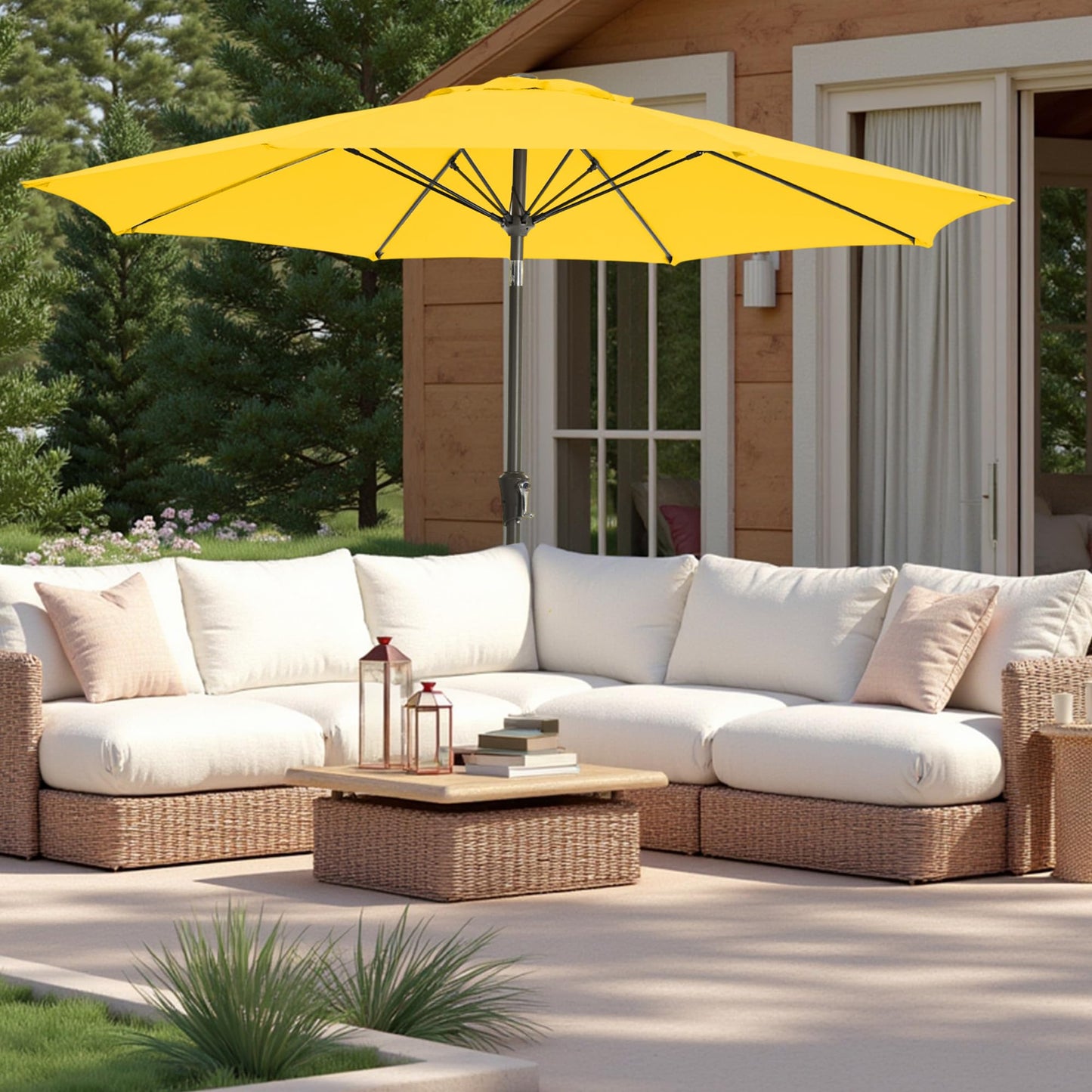 GREFORG 9FT Large Outdoor Patio Umbrella Pool Market Umbrella-UV Resistant, Easy Push Button Tilt and Crank, 8 Sturdy Ribs Heavy-Duty Table Umbrella for Deck, Backyard, Garden(Yellow)