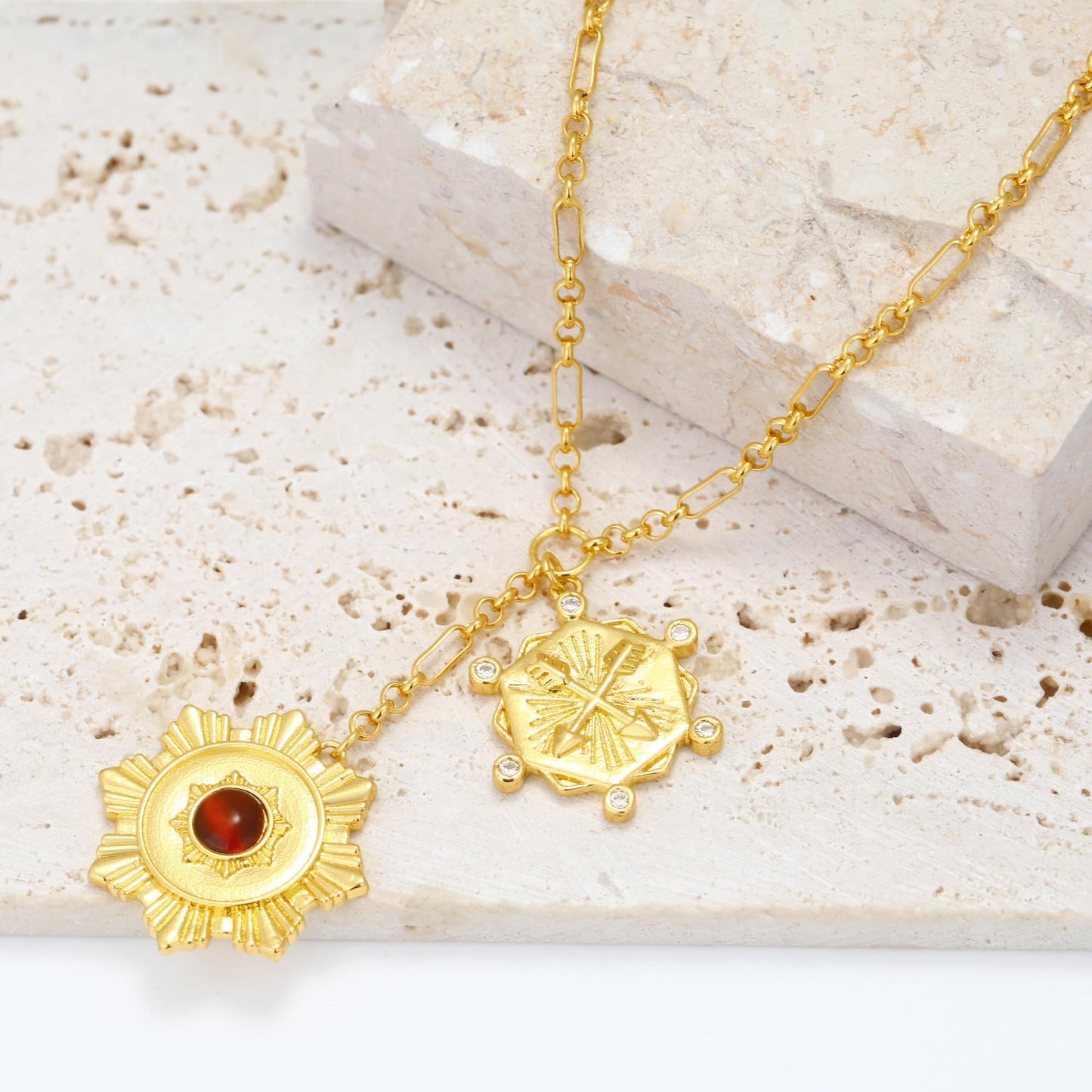 BONJOULRY Chunky Gold Flower Sun Coin Charm Pendant Necklace with Tiger Eye Bead for Women 18K Gold Plated Dainty Link Chain Choker Necklaces Trendy Celestial Jewelry Holiday Gift