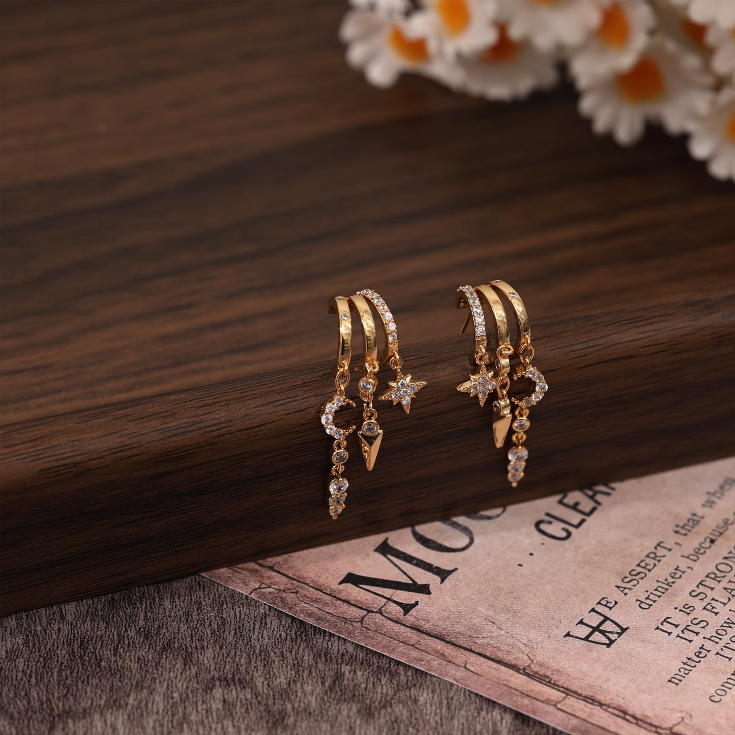 SELSHE Dangle Earrings for Women,14K Gold Plated Long Star Earrings Dainty Drop Moon Earrings Hypoallergenic Huggie Earrings for Women Trendy Womens Jewelry