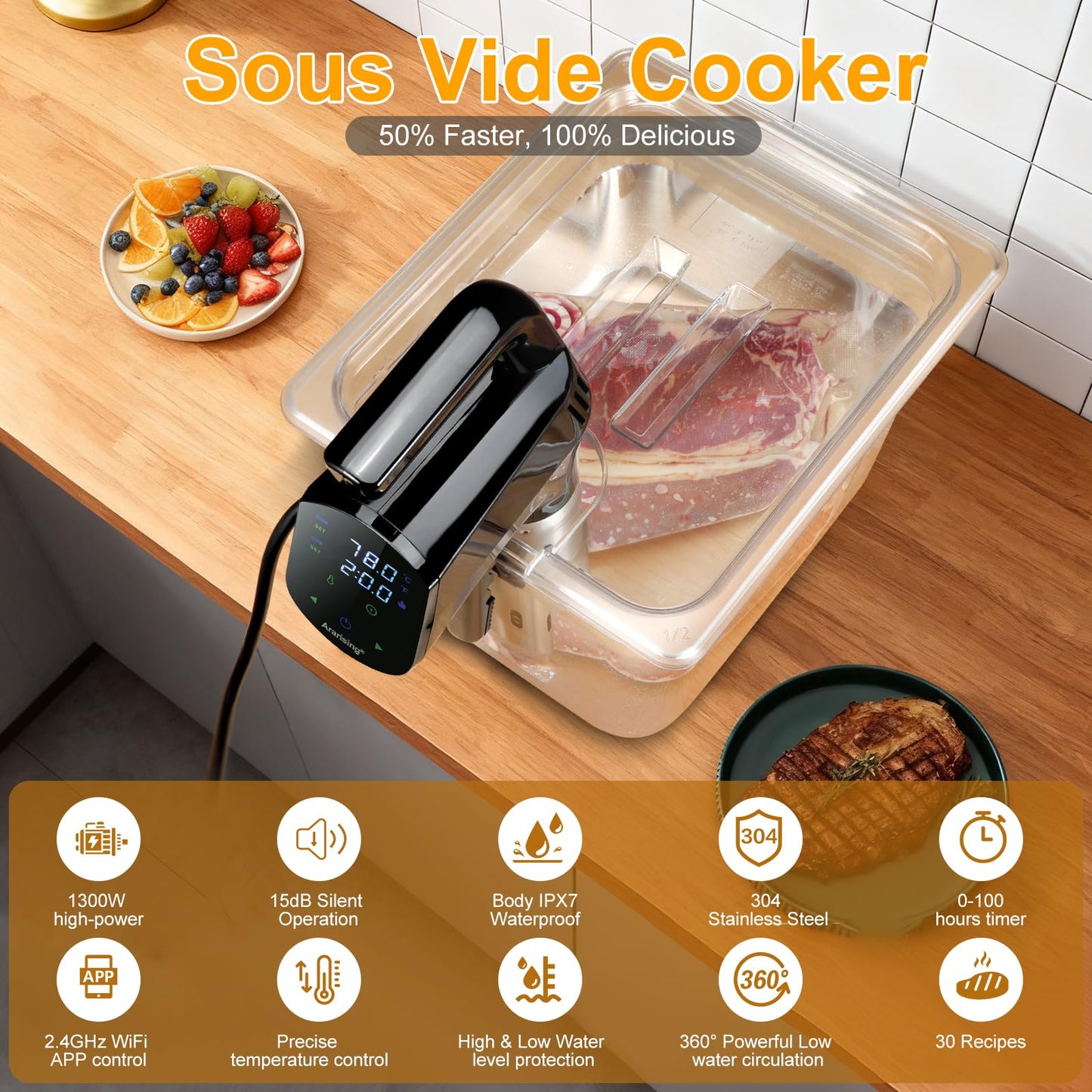 Sous Vide Cooker 2.4G WIFI, Sous Vide Machine with 30 Preset Recipes on APP & Calibration Function, 1300W Ultra-Quiet Immersion Circulator, Accurate Temperature and Time, Fast-Heating with Timer