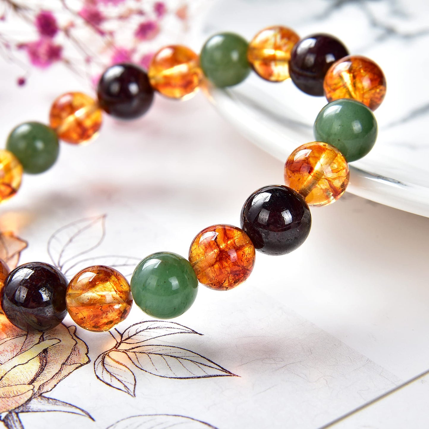 Crystal Agate Triple Stone Money Bracelet - Beaded Stretch Bracelet with Citrine, Red Garnet & Green Aventurine - Meditation, Motivational & Spiritual Gift for Men and Women - 10mm Beads
