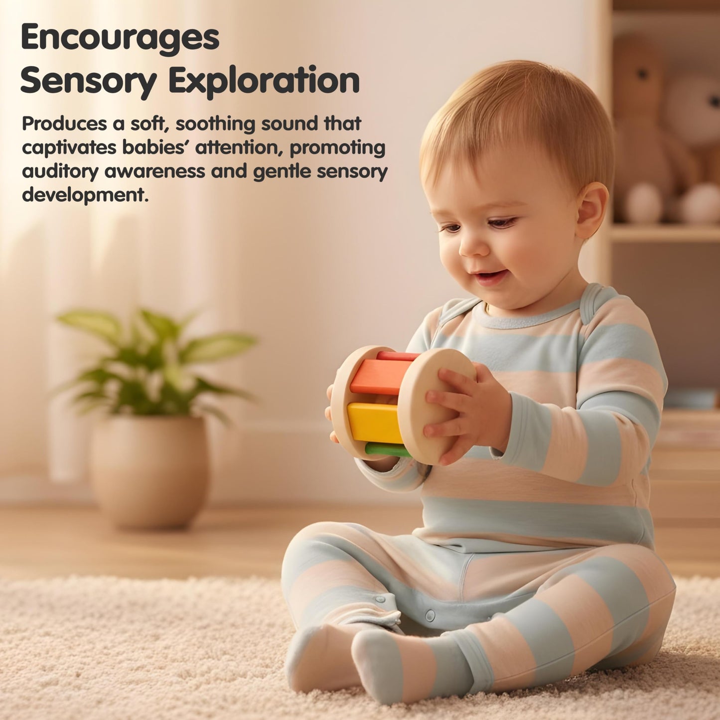 PlanToys® Wooden Roller Rattle Toy for Babies | Montessori Baby Sensory Toy with Gentle Sound | Eco-Friendly Crawling & Motor Skill Toys for Infants