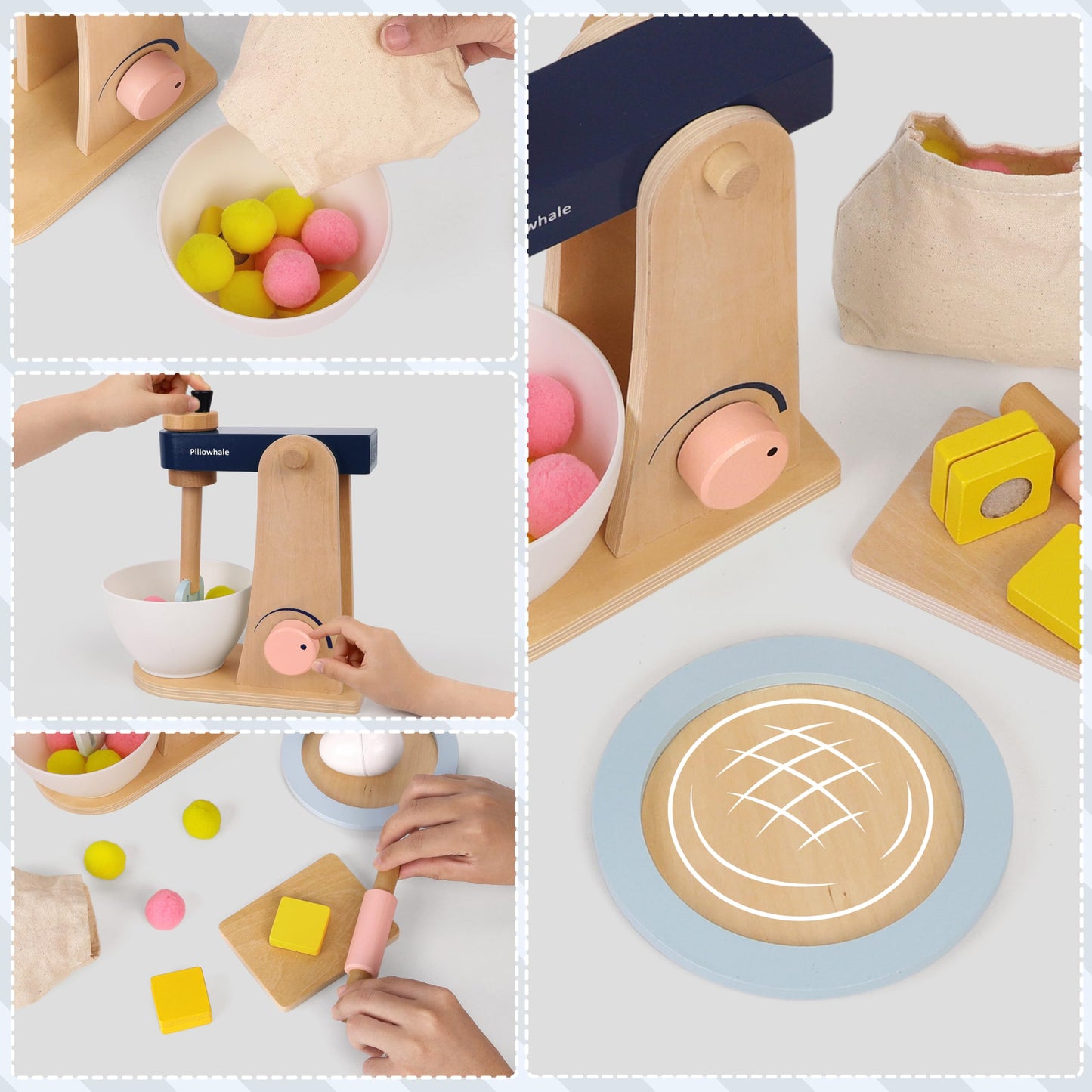 Pillowhale Wooden Kitchen Toys Mixer for Toddlers Age 3+ - 21pcs Montessori Pretend Play Baking Set with Bowl & Rolling Pin, Toy Kitchen Accessories Gift for Girls Boys