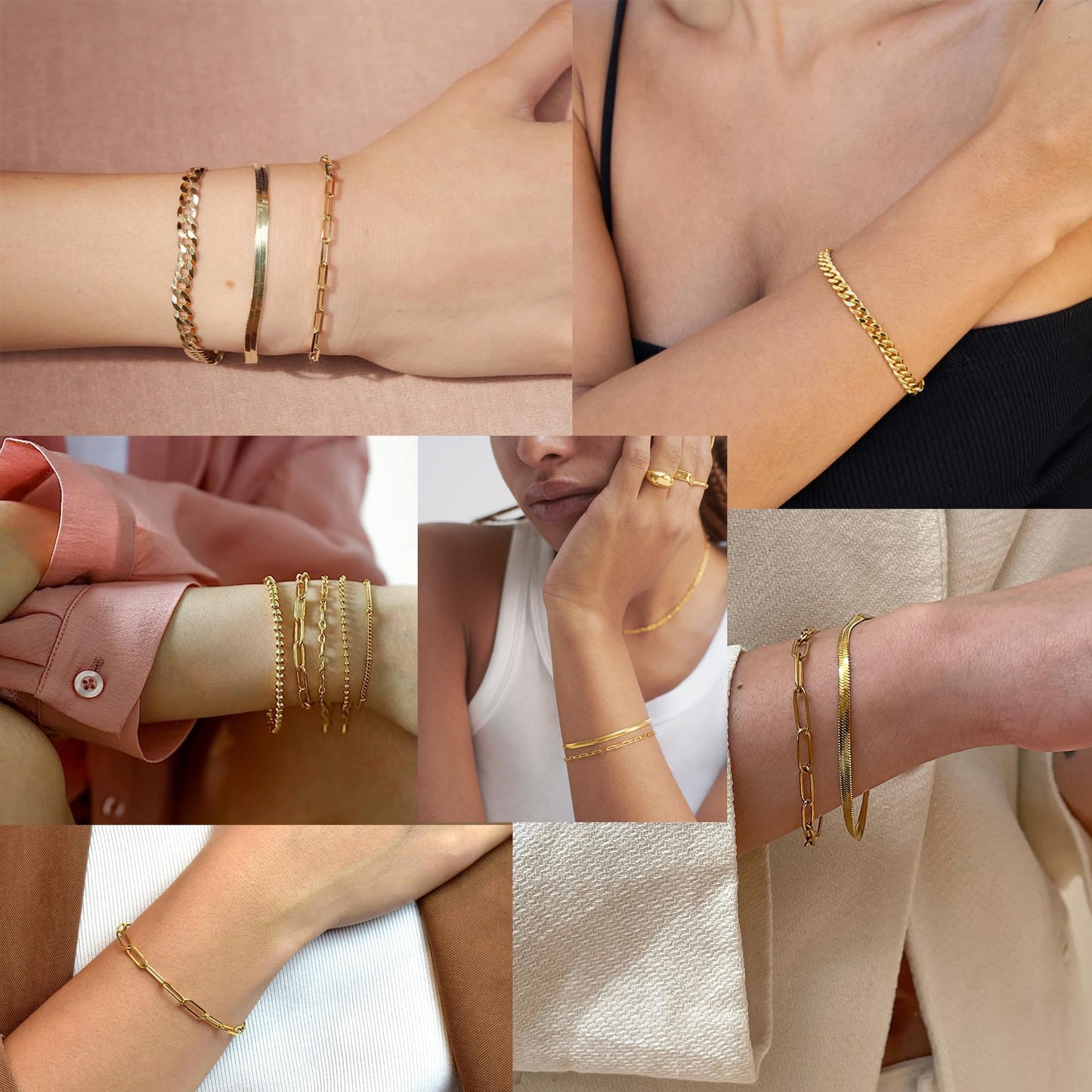 Gold Bracelets for Women Stack Non Tarnish, 14K Gold Plated Stackable Bracelets Set for Women Trendy, Waterproof Simple Jewelry Sets Gifts Inclued Beaded/Cuban/Paperclip/Herringbone/Rope Link Chian, Fashion Accessories