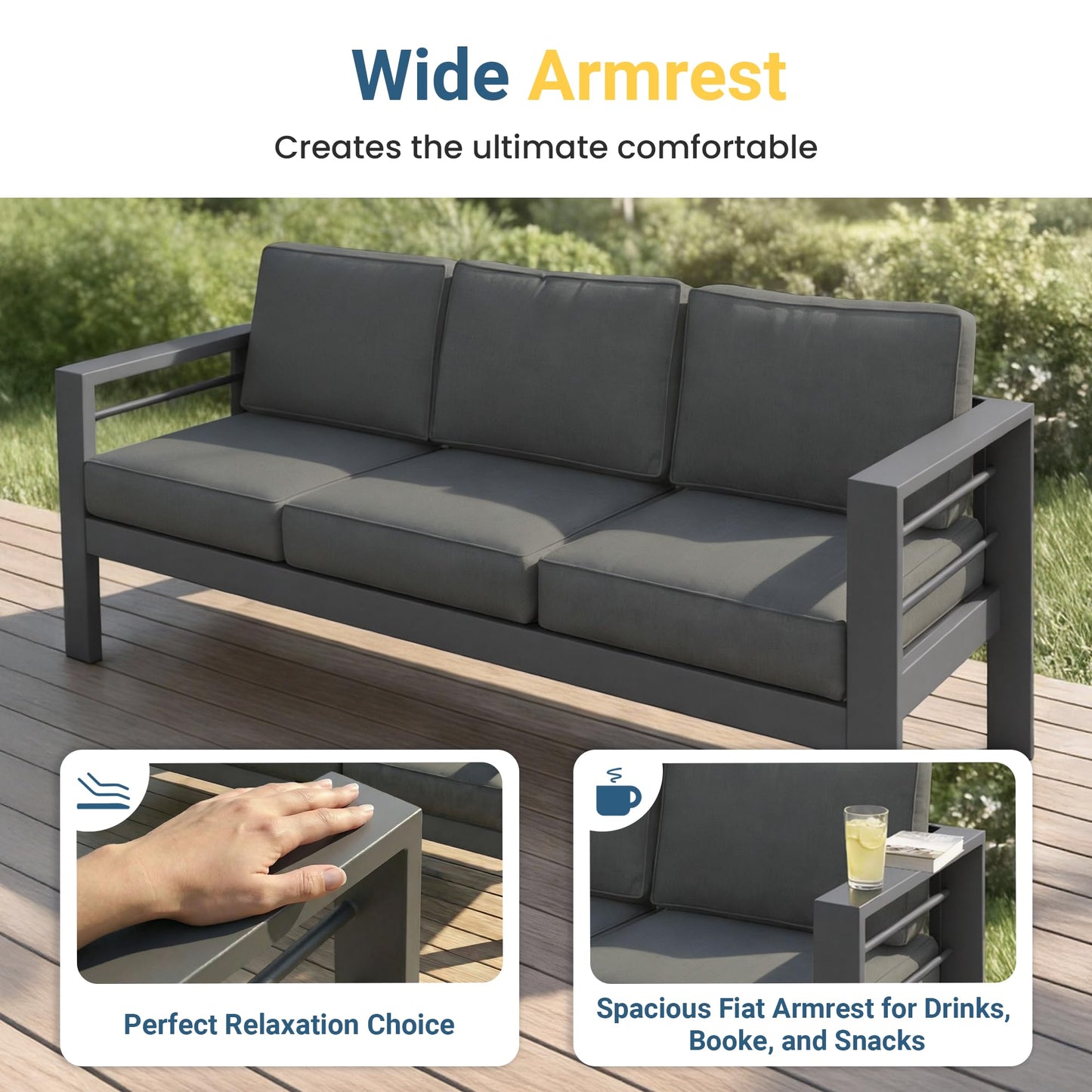 Wisteria Lane Aluminum Outdoor Patio Furniture Set, Oversized Patio Conversation Sets with Deep Seating and Wide Armrest, Outdoor Sectional Metal Sofa with 5 Inch Cushion and Coffee Table, Dark Grey