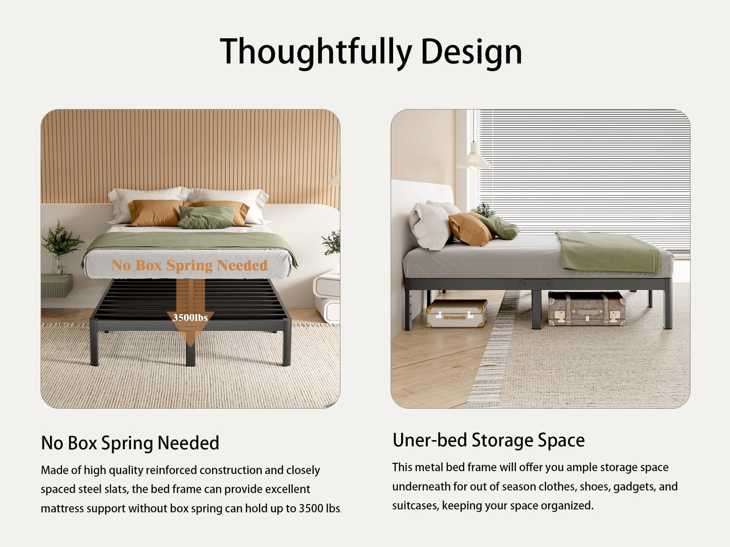 KZZLOL Black Bed Frame Queen Size 14 Inch, Metal Queen Bed Frame No Box Spring Needed, DIY Headboard Holes, Heavy Duty Steel Support 3500 LBS, Noiseless, Round Corner Leg, Storage Space, Easy Assembly