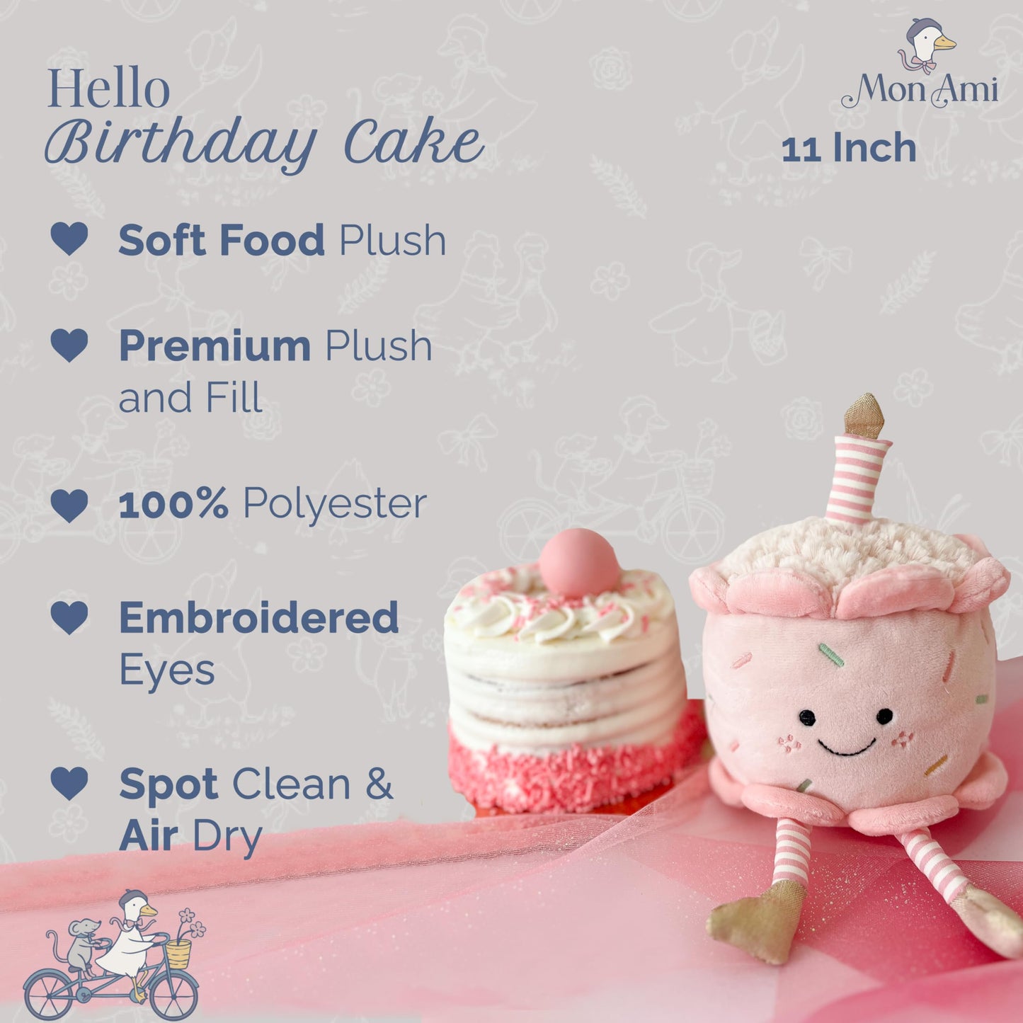 MON AMI Stuffed Birthday Cake Plush Toy | 11-Inch Pretend Play Plush Dessert | Soft Adorable Party Cake for Toddlers & Kids Nursery Décor