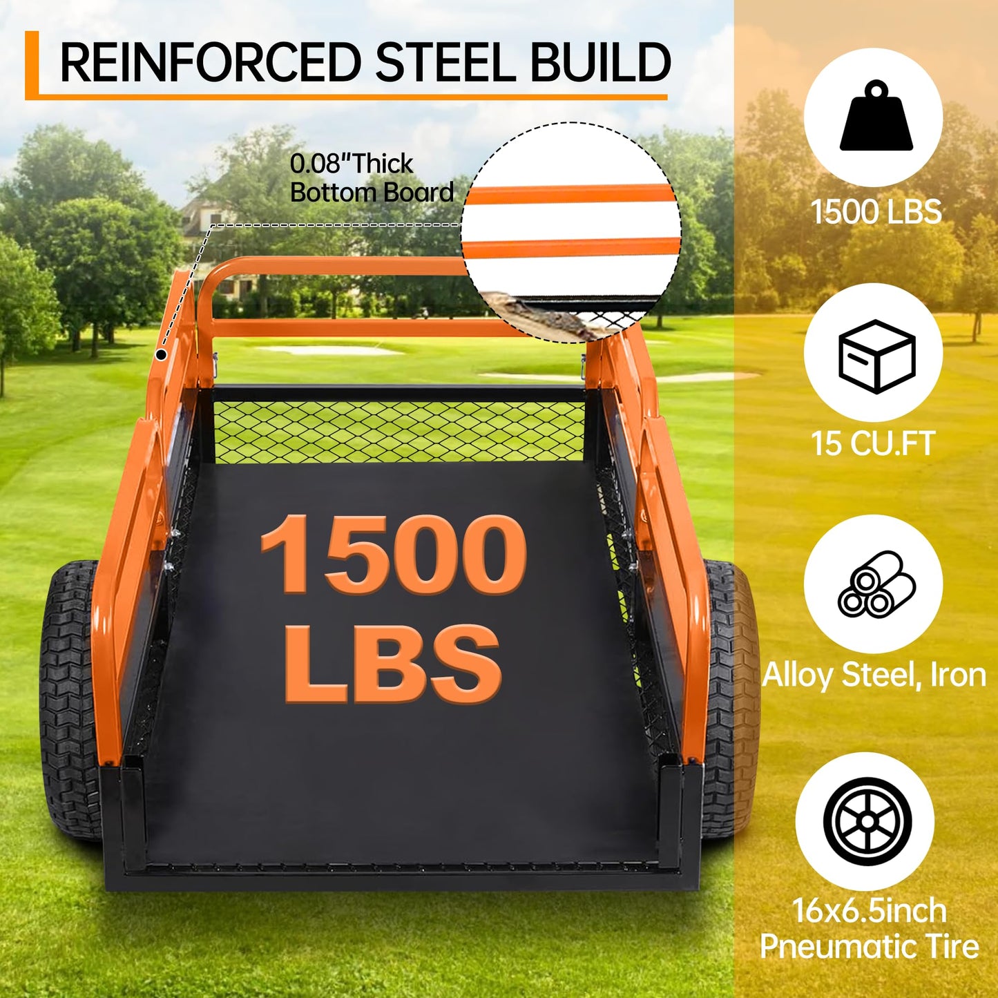 MegaChoice Heavy Duty ATV Dump Cart, 1500 Lbs HD Agricultural Trailer with Removable Sides, 15 Cubic Feet Garden Utility for Tractor Lawn Mower Garden