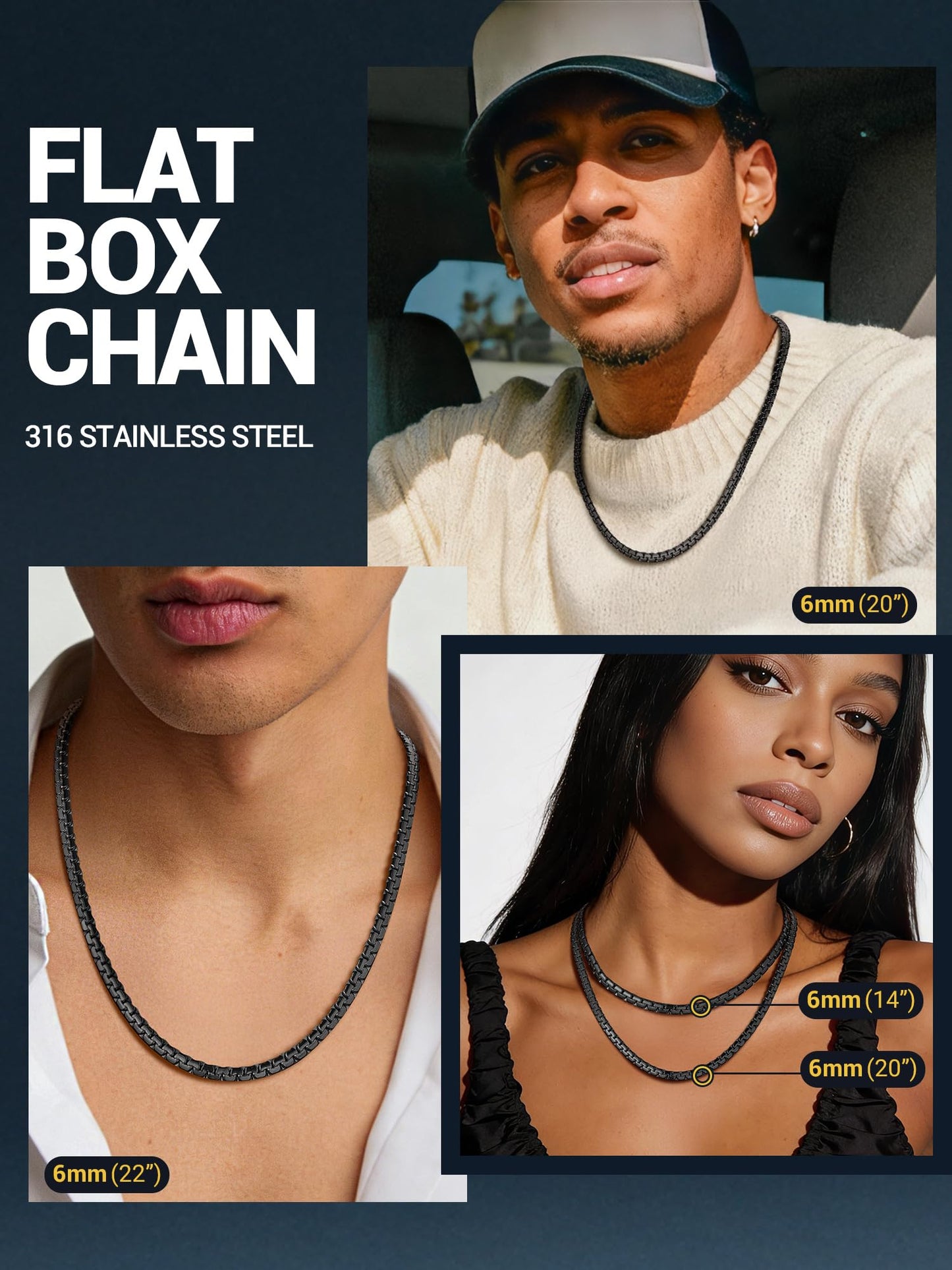 PROSTEEL Black Chain for Men Hip Hop Jewelry Flat Chain 22inch Stainless Steel Necklace