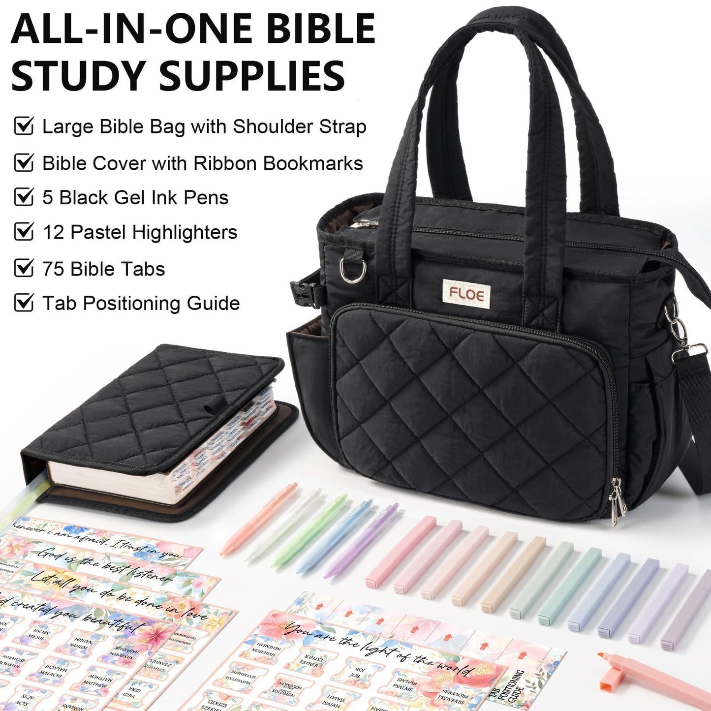 Large Bible Bag w/Bible Cover Case for Women, Puffer Bible Tote Bag Quilted Church Bag Book Carrying Case w/Shoulder Strap, Bible Study Supplies Journaling Kit Accessories Women Christian Easter Gift