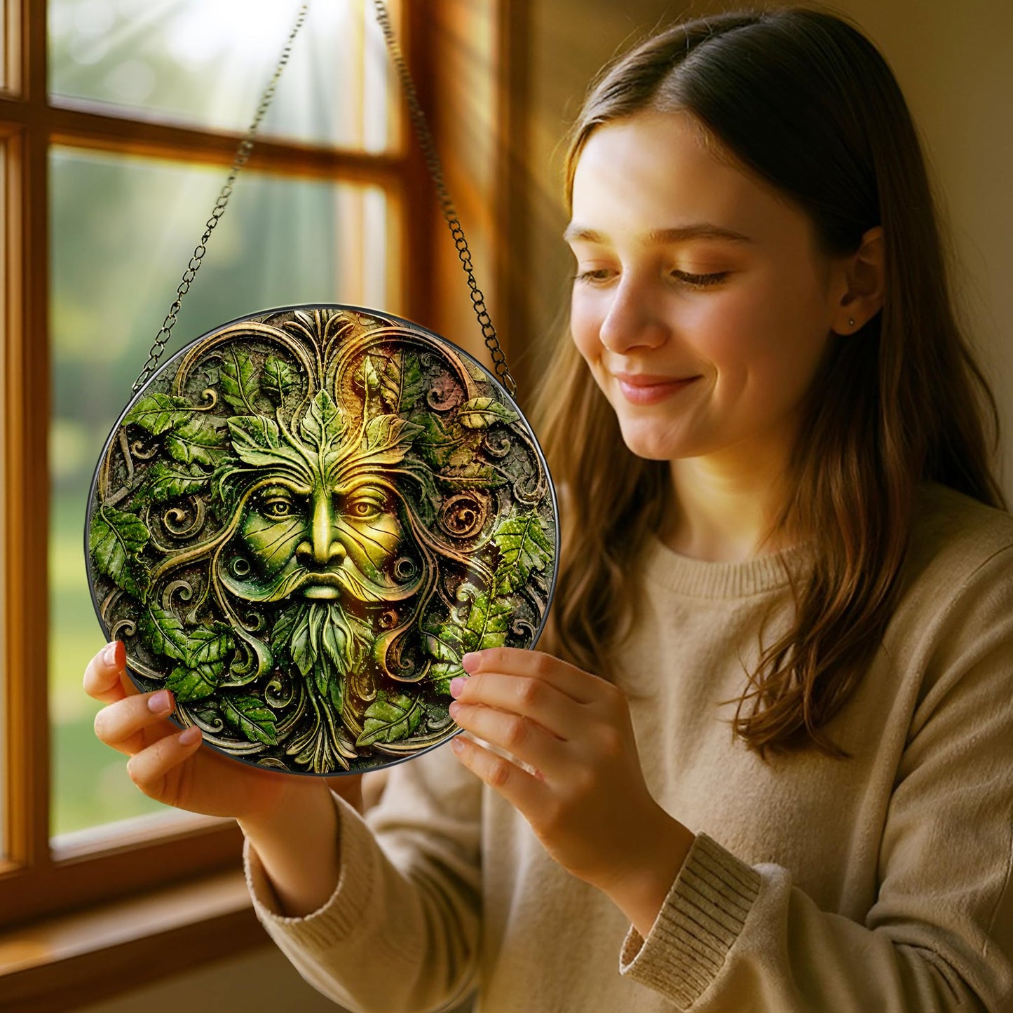 Green Man Stained Glass Suncatcher, Stained Glass Window Hanging, 8 Inch Window Decor Hanging, Gift for Garden Lovers, Fathers Day Birthday Gifts for Dad Grandpa Man Bother Husband Lover