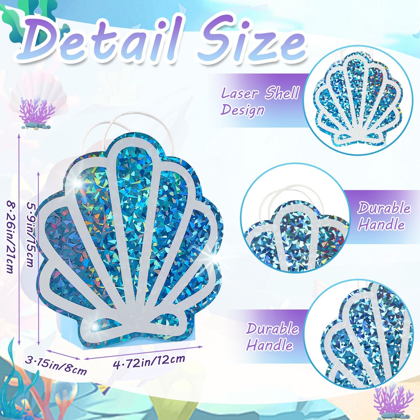 Sariiraw 24 Pack Mermaid Party Favor Bags with Handles, Holographic Seashell Goodie Bags for Under The Sea Theme Party Decorations, Mermaid Birthday, Baby Shower Supplies, 4.7"x3.1"x8.3"