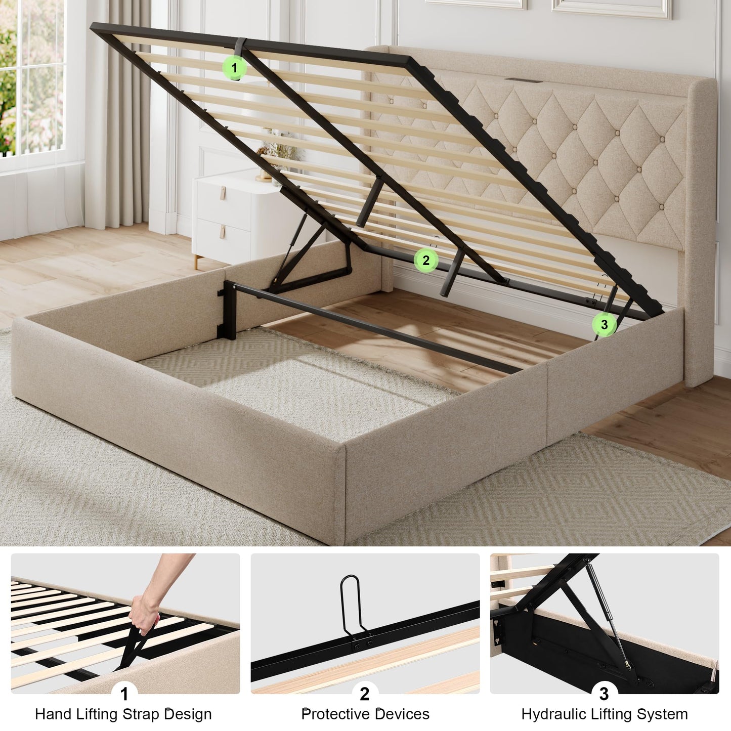 Feonase Full Size Bed Frame with Storage & Charging Station - Hydraulic Lift Up Platform Bed, Upholstered Button Tufted Headboard, Sturdy Wooden Slats, Noise-Free, No Box Spring Needed,Beige