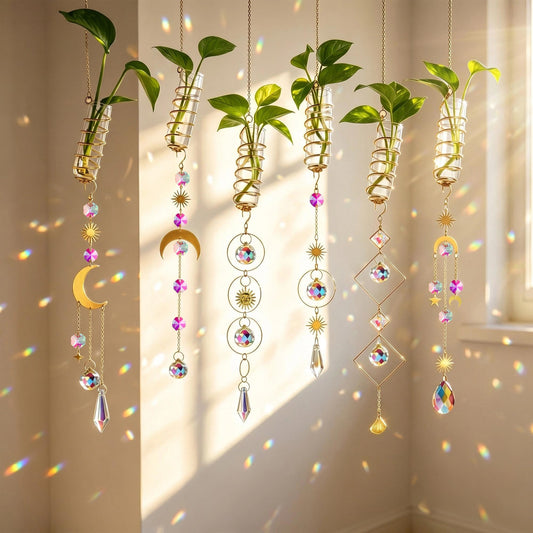 HDCRYSTALGIFTS 6 Pcs Crystal Suncatchers with Plant Propagation Station,Glass Window Wall Planters for Indoor Plants Hydroponics, Hanging Sun Catcher with Chain for Home Garden Whimsical Decor