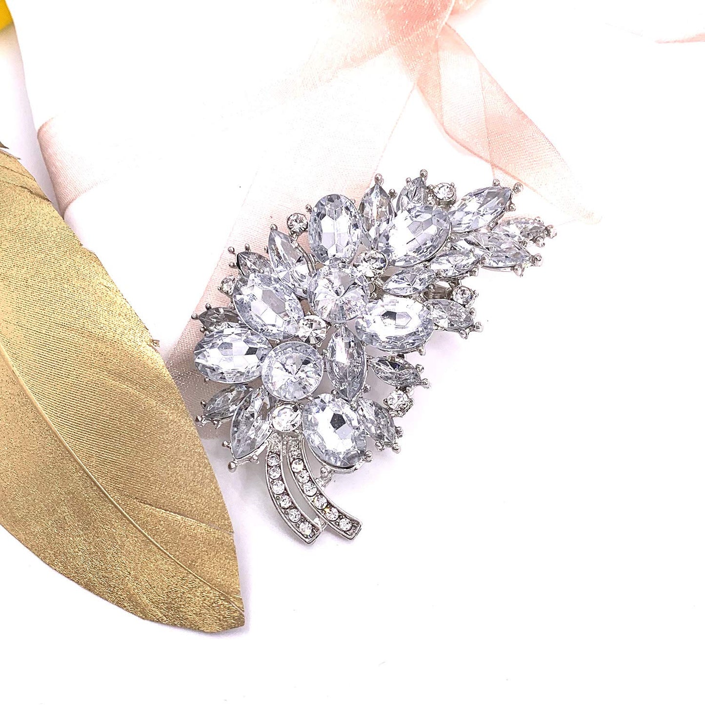 LAXPICOL Vintage Clear Austrian Crystal Flower Leaf Bouquet Clusters Large Big Brooch Pin For Women Wedding Jewelry