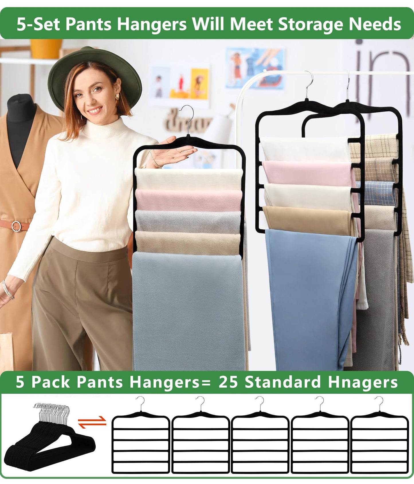 Pants Hangers Space Saving,5P Scarf Hangers for Closet Organizers and Storage,Non Slip Velvet Hanger for Closet Organizer,College Dorm Room Essentials,Heavy Duty Organization and Storage Jean Hangers