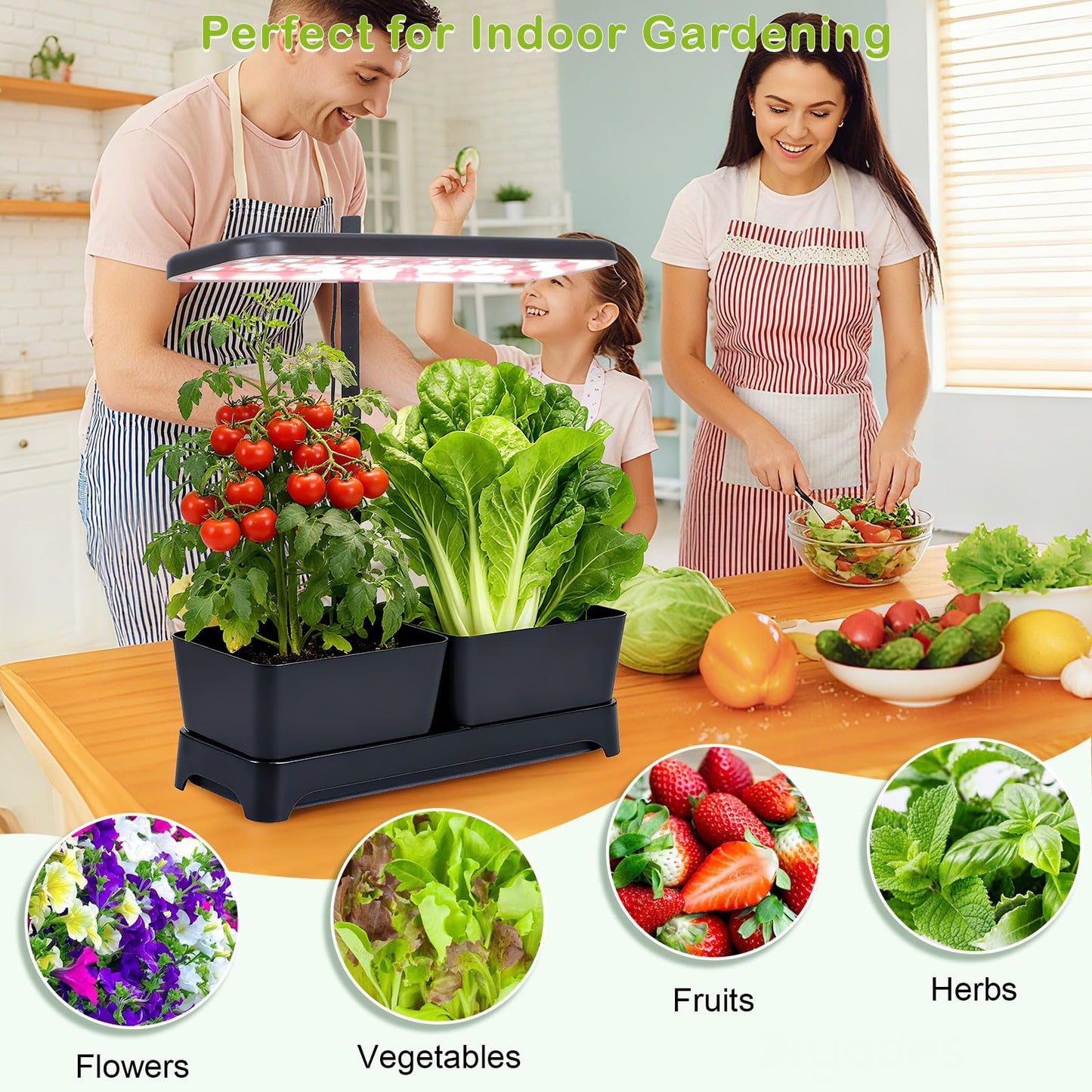 Indoor Herb Garden with Grow Light & Pots, Full Spectrum LED Planter for Kitchen Herbs & Houseplants, Height Adjustable Indoor Growing System for Home & Apartment Decor(Black, 16 * 6.3 * 7.1 inch)