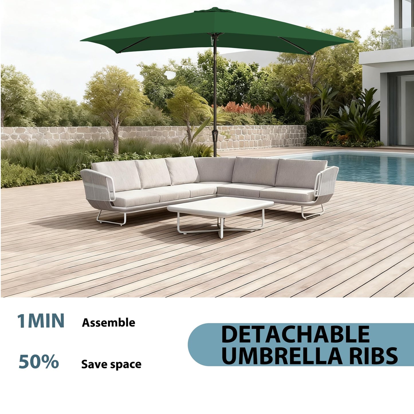 GREFORG 6.5x10FT Rectangular Patio Umbrella with Push Button Tilt & Crank Lift for Garden,UV Protection Outdoor Umbrella for Deck,Pool and Yard,Green