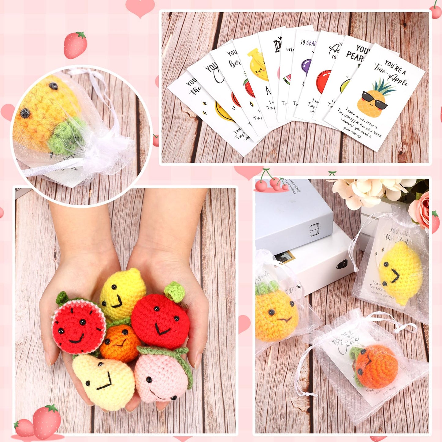 Shappy 30 Sets Dancing Fruit Inspirational Gift Positive Fruit Funny Wool Knitted Mini Coworker Appreciation Gift Motivational Pun Card Graduation Party Favor for Teacher Employee Staff