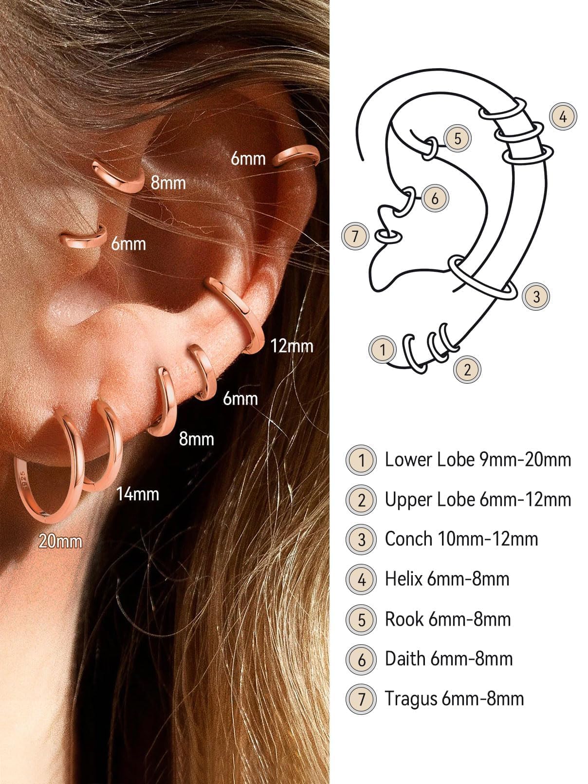 FaithHeart 925 Sterling Silver Huggie Hoop Earrings, Small Silver Hoop Earring for Women, Rose Gold Hypoallergenic Cartilage Earrings for Women 8mm