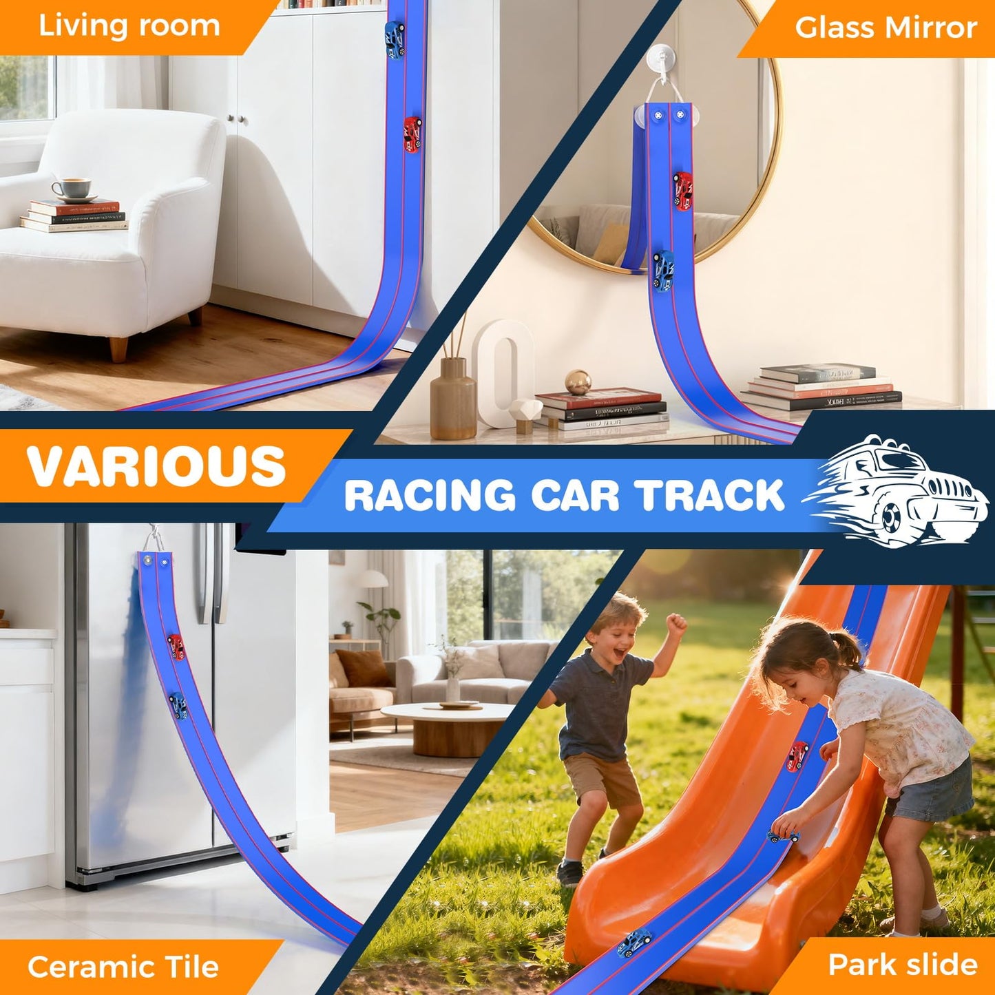DKOXT 15 Ft Flexible Race Track for Kids, DIY Car Track Set with 2 Toy Cars & 3 Suction Cup Ramps, Easter Basket Stuffers for Teens & Boys Girls, Creative Easter Gifts for Kids, Blue
