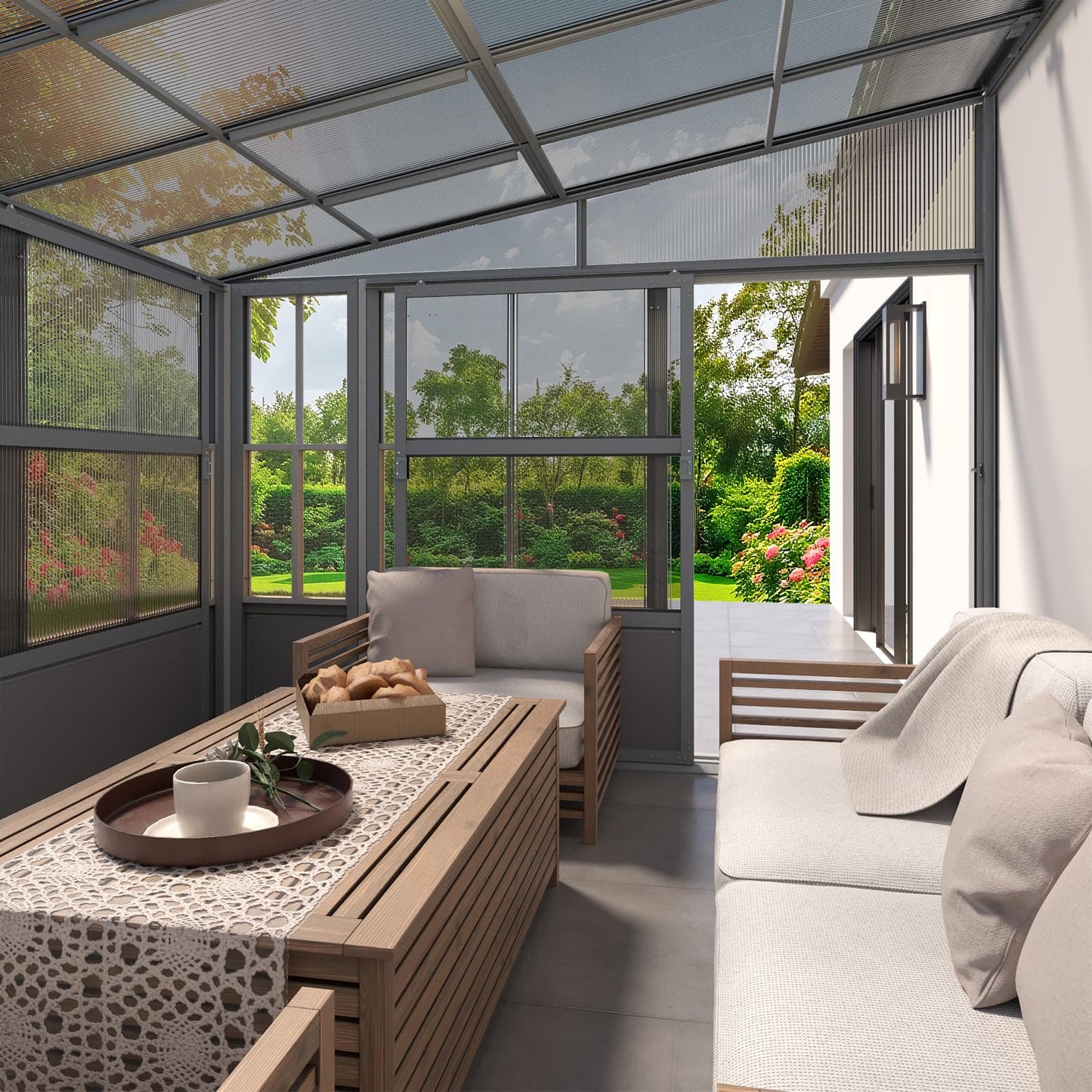 YOLENY 10x12 FT Wall Mounted Sunroom with Polycarbonate Sloping Roof, 3-Side Lockable Entrance & Removable PC Screen, Outdoor Permanent Sun Room Lean to Gazebo for Deck Patio, Grey