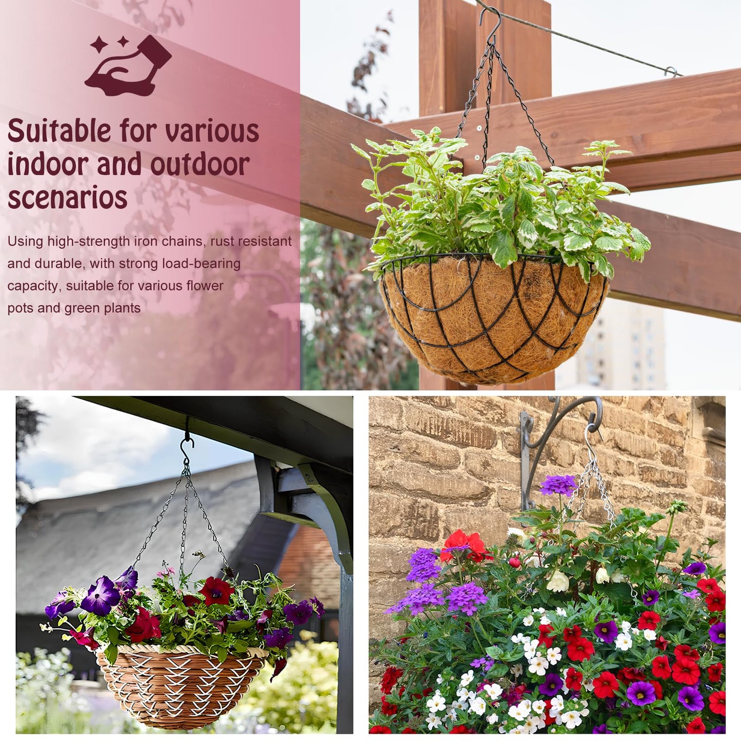 suiwotin 6pcs 16 Inch Hanging Basket Chains 3 Point, Black Chain with Hooks for Hanging Plants, Flower Pot