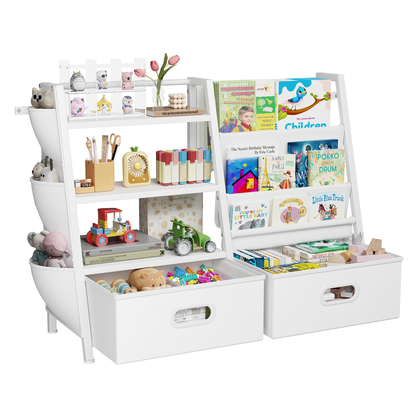 Homeiju Kids Bookshelf and Toy Storage Organizer, 3 Tier Kids Bookcase, Sling Bookshelf and 2 Toy Bins with Toy Storage Organizer for Children Room, Playroom, Nursery, White