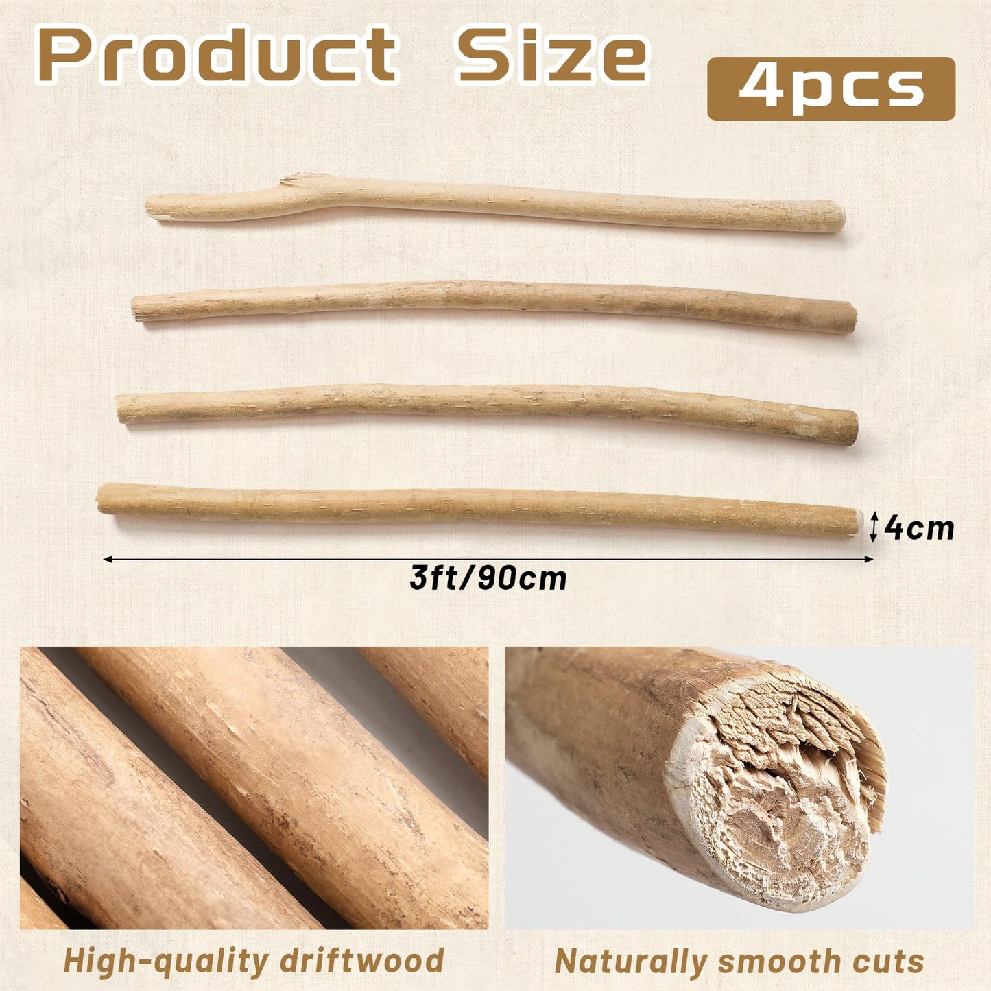 Novabright 4 Pcs 3 ft Driftwood Poles, Natural Drift Wood Decor for Home, Unique Hand-Picked Natural Wood Pole Crafts for Vases Macrame Wedding Venue Home Decor, Coastal Rustic Farmhouse Country