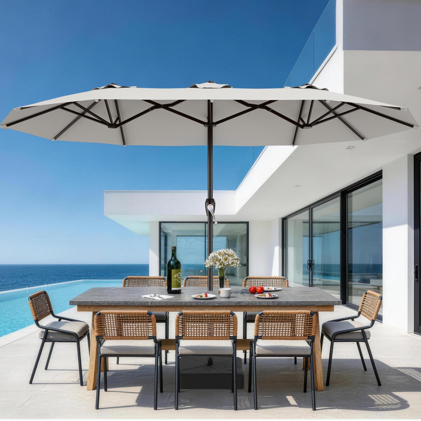 AreShark 15FT Outdoor Patio Umbrella with Crank, Large Rectangular Market Umbrella, Double-Sided Outdoor Umbrellas with Cross Base & Sandbag for Porch, Lawn, Pool, Backyard, Light Gray