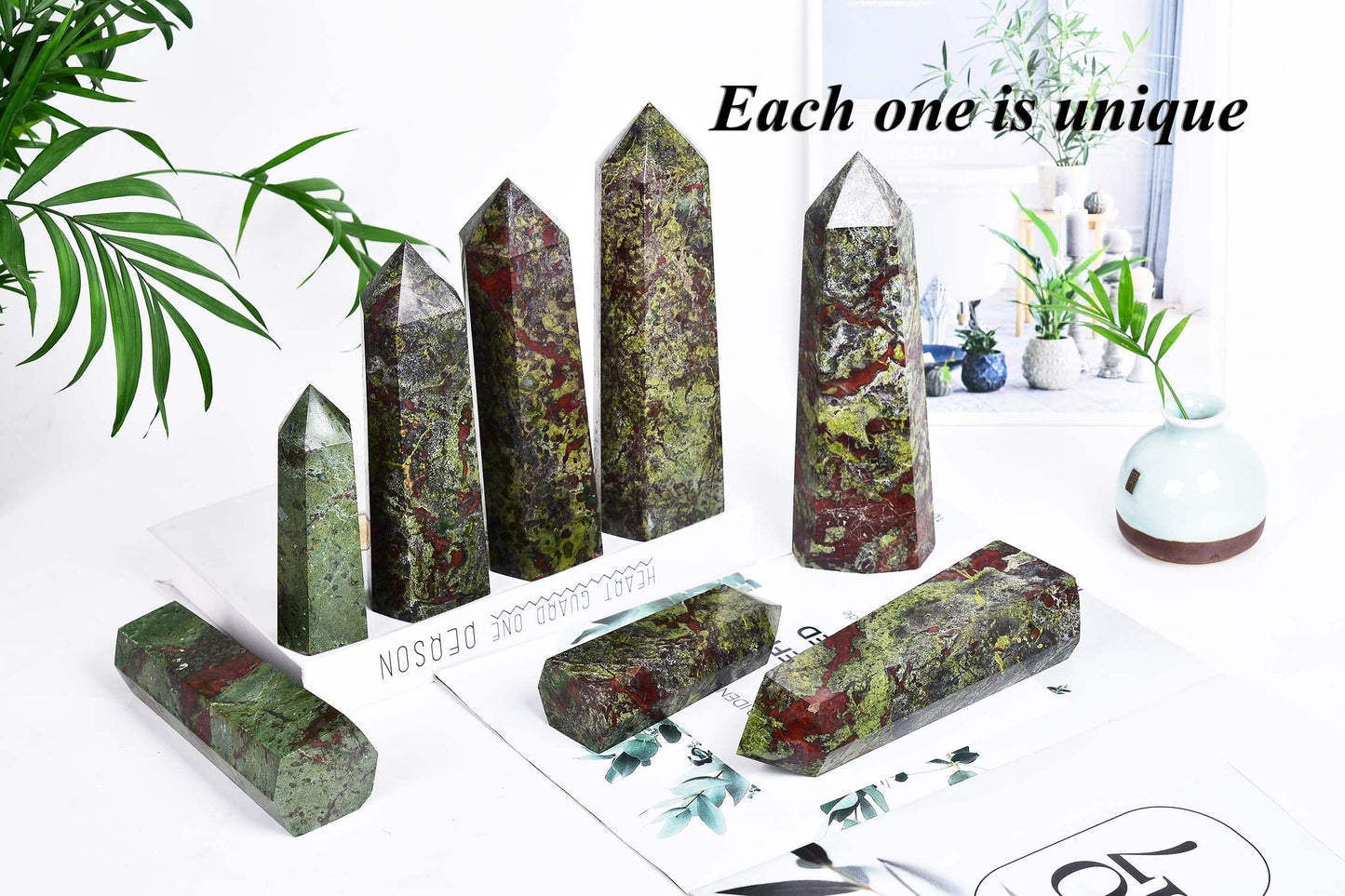 AMOYSTONE Bloodstone Obelisk Large Healing Crystal Wand Tower 6 Faceted Column Reiki Chakra Meditation Therapy Green Red 1.1-1.7 LBS