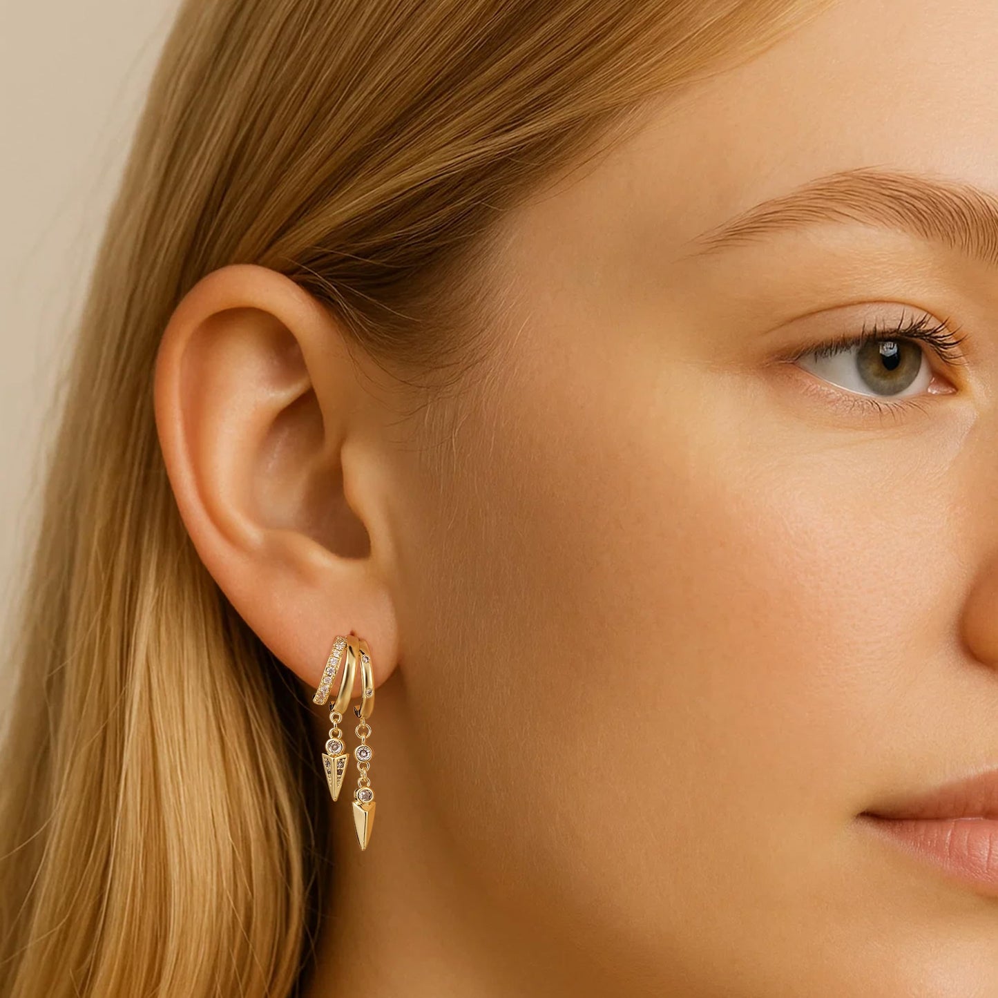Freekiss Dainty Gold Dangle Huggie Earrings for Women, Simple 3 Hoop Illusion Drop Stud Earring Set with CZ, 14k Gold Plated Minimalist Hypoallergenic Everyday Womens Jewelry