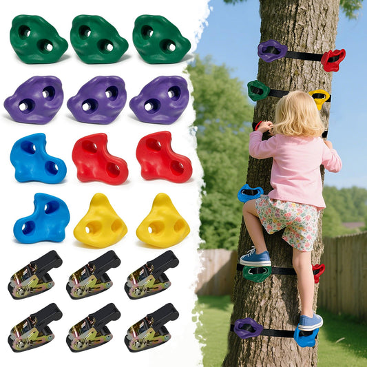 SREHRLY 12 PCS Large Tree Climbing Holds for Kids, Adult Rock Wall Holds Grips Ninja Tree Climbing Holds for Indoor and Outdoor Playground Play Set with 6 Ratchet Straps