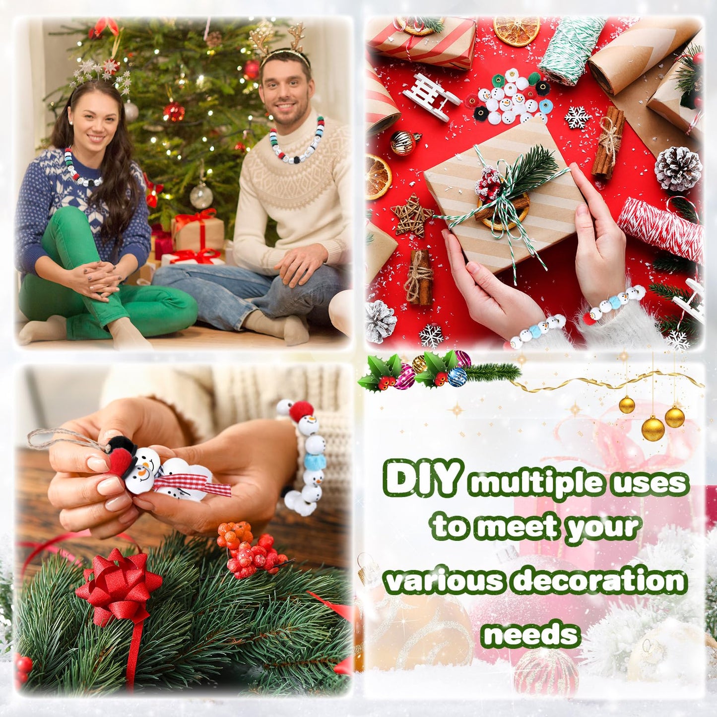 Amyhill 120 Pcs DIY Christmas Snowman Wooden Beads for Craft, Fuzzy Faux Fur Poms, Winter Wood Beads Buffalo Plaid Colorful Print with Twine, for Party Xmas Santa Tree Jewelry Home(Red Green Blue)