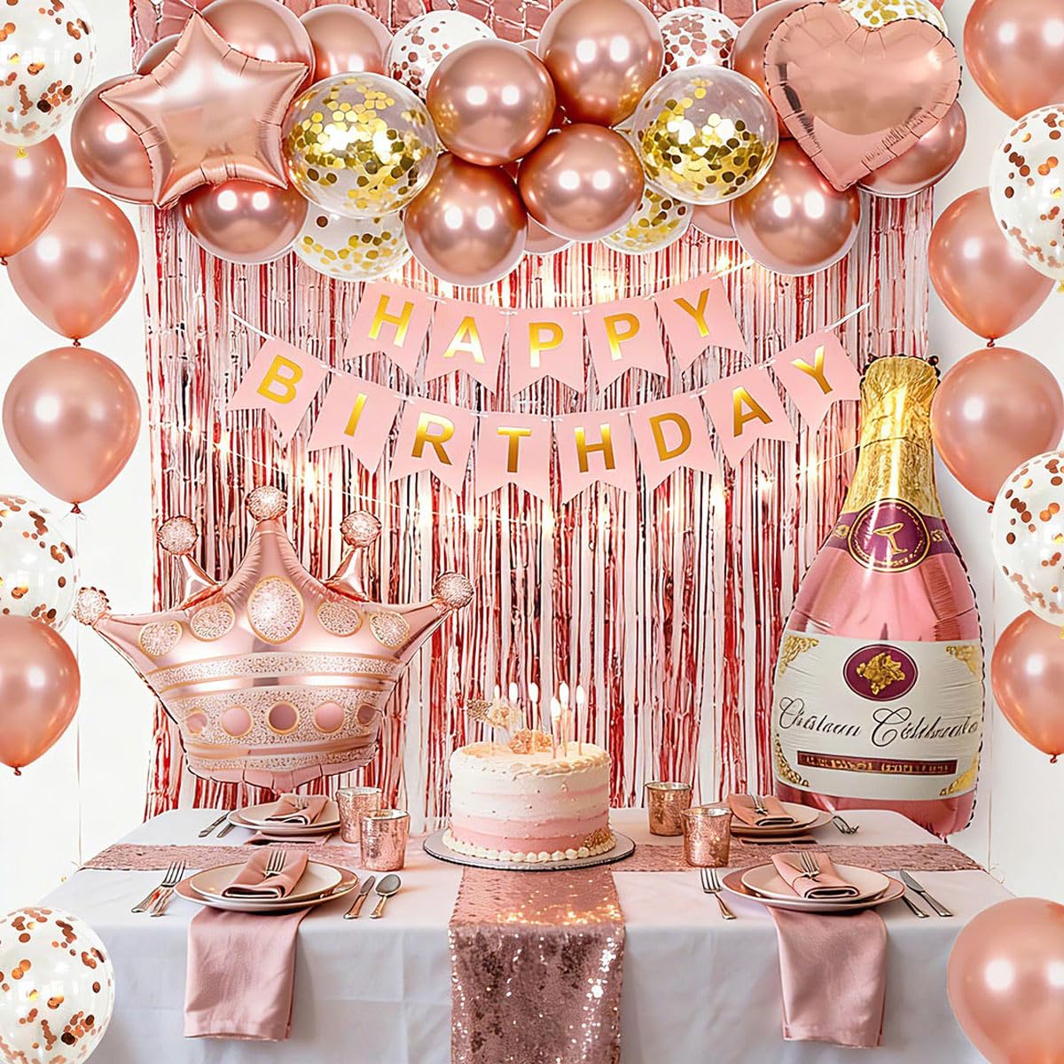 Birthday Decorations for Women with Happy Birthday Banner, Curtains, Bottle, Crown, Heart Star Balloons, Rose Gold Balloons for Girls Women Birthday Party Decorations