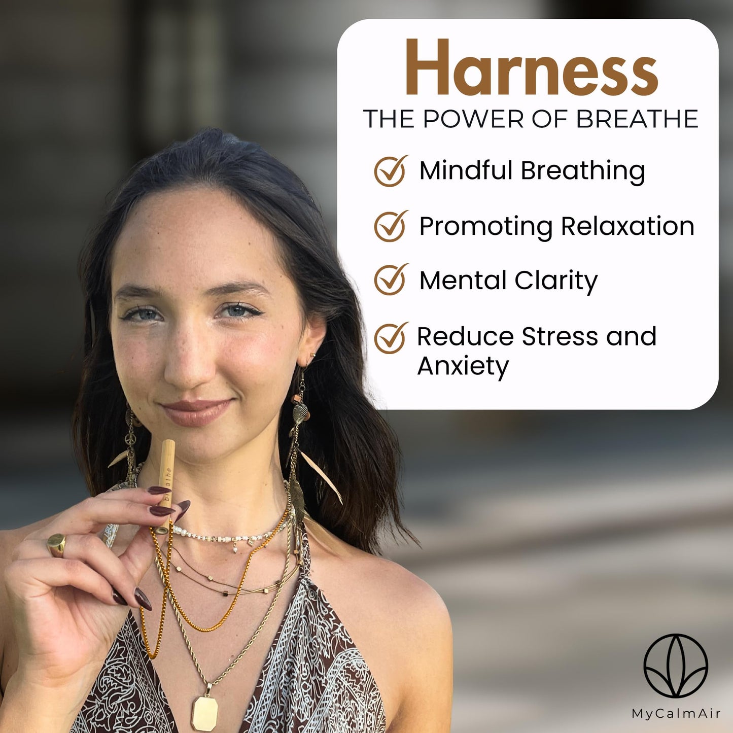 MyCalmAir Bamboo Breathing Necklace for Meditation, Mindfulness Tool, Stress Reducer, Eco-Friendly Breathe Pendant, Portable Relaxation Gift for Men & Women (Gold)