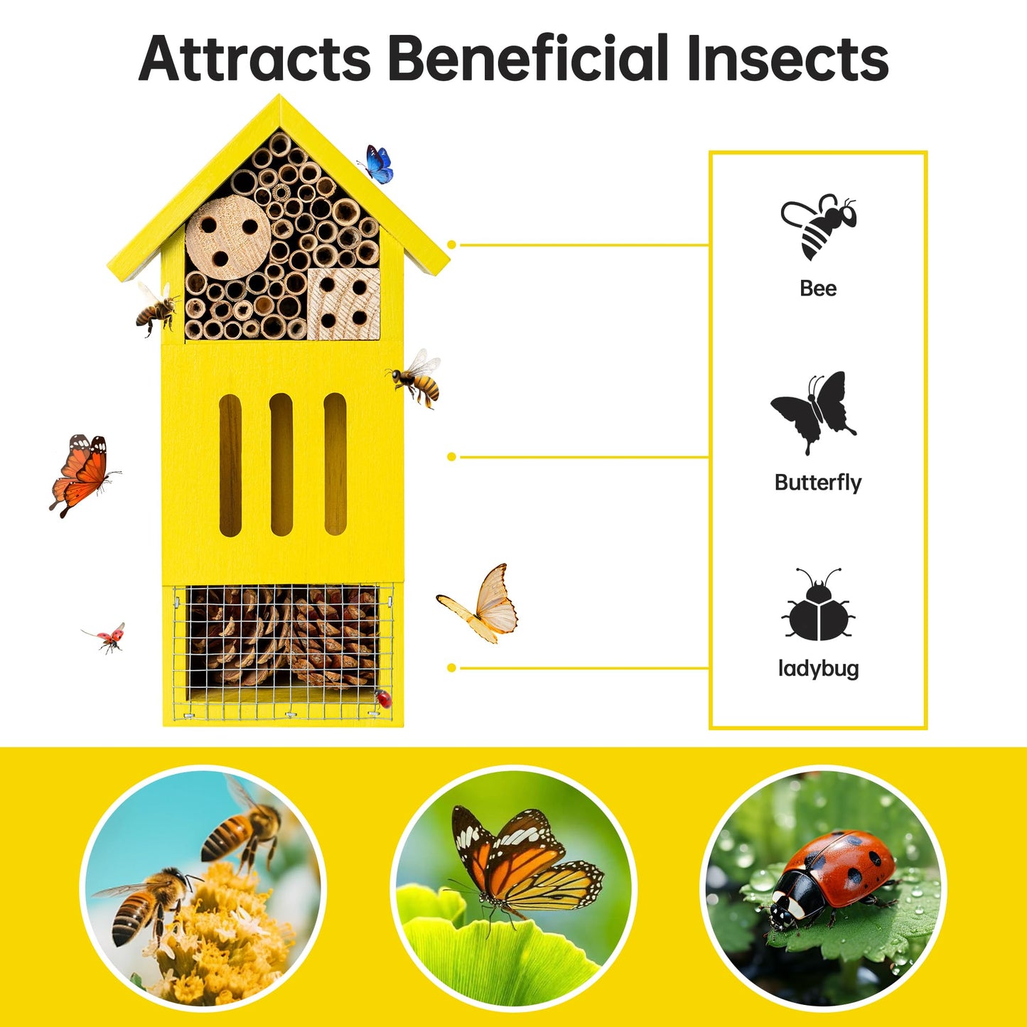 Bee House Bug Hotel & Butterfly House, Handcrafted Wooden Ladybug House, Natural Insect Habitat for Garden, Patio, or Yard, Durable Pine Wood, Attracts Pollinators, 10.4 x 5.5 x 3.2 Inches